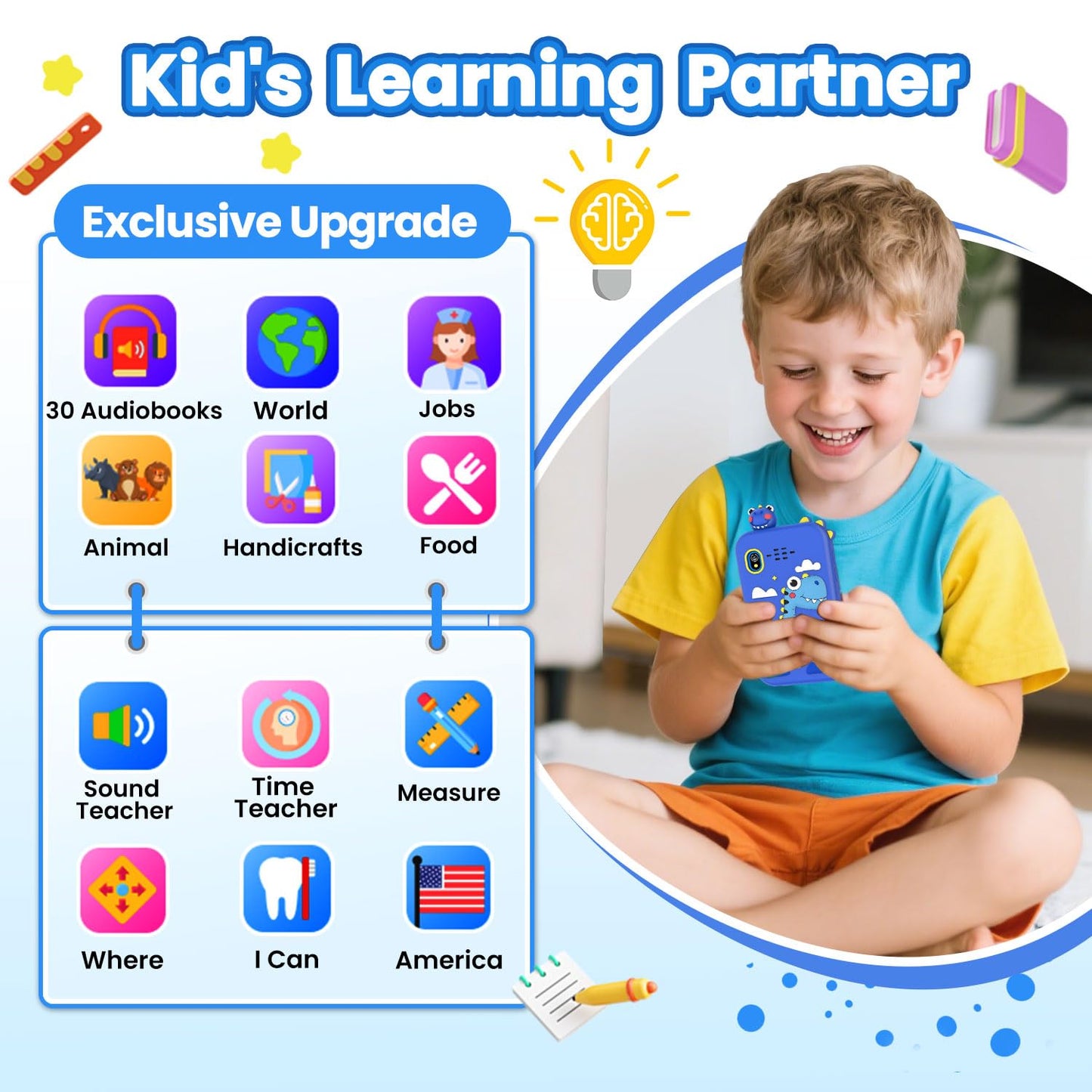 Wuszhor Kids Smart Phone for Boys Aged 3-8 – Dual Camera, 17 Games, 30 Audiobooks, 8GB Card, No WiFi (Blue)