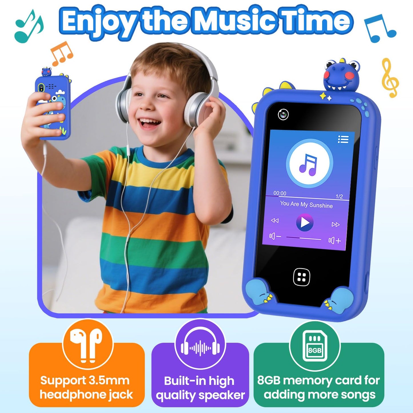 Wuszhor Kids Smart Phone for Boys Aged 3-8 – Dual Camera, 17 Games, 30 Audiobooks, 8GB Card, No WiFi (Blue)