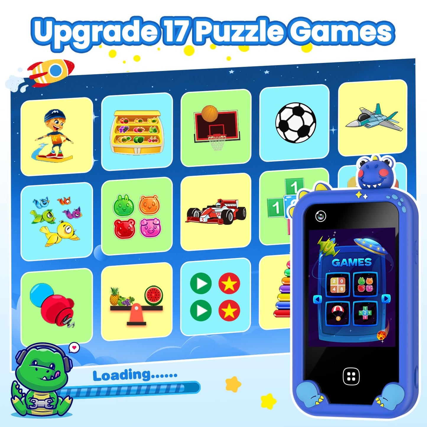 Wuszhor Kids Smart Phone for Boys Aged 3-8 – Dual Camera, 17 Games, 30 Audiobooks, 8GB Card, No WiFi (Blue)