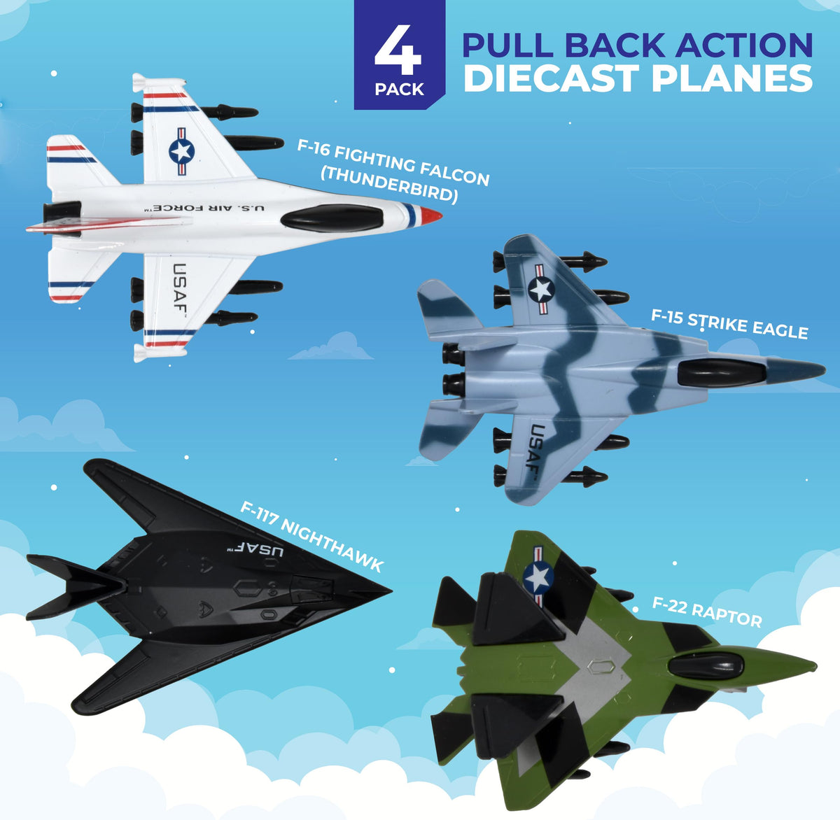 Wuzeautk US Air Force Die-Cast Jet 4-Pack – Pull-Back Planes & Notebook