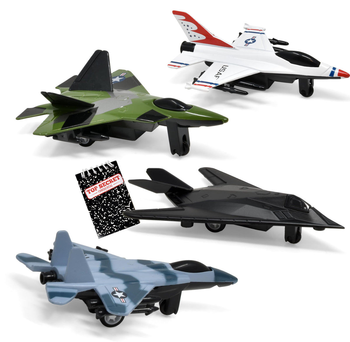 Wuzeautk US Air Force Die-Cast Jet 4-Pack – Pull-Back Planes & Notebook