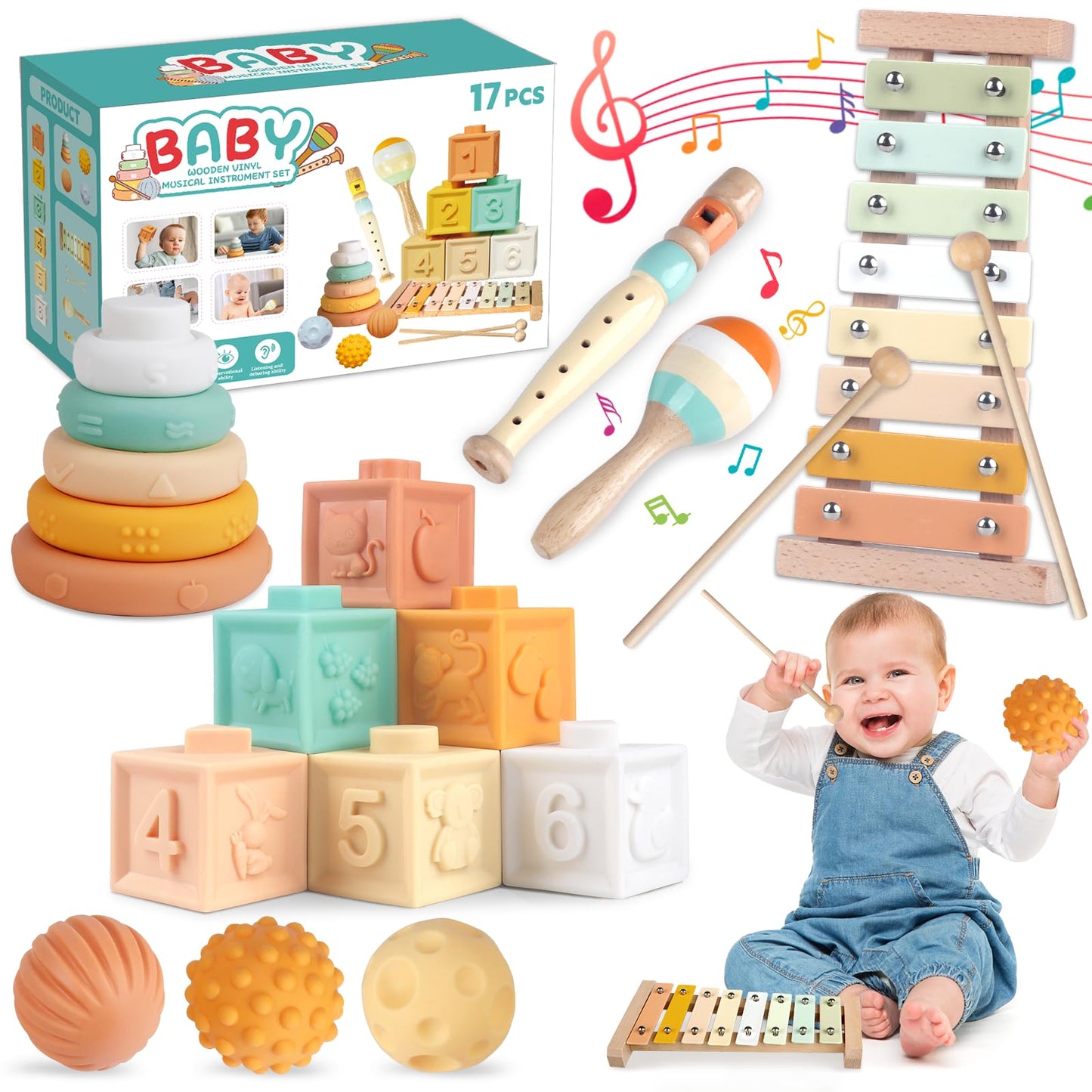 Wuzhineisn 6-in-1 Montessori Musical Baby Toys for 6-12 Months