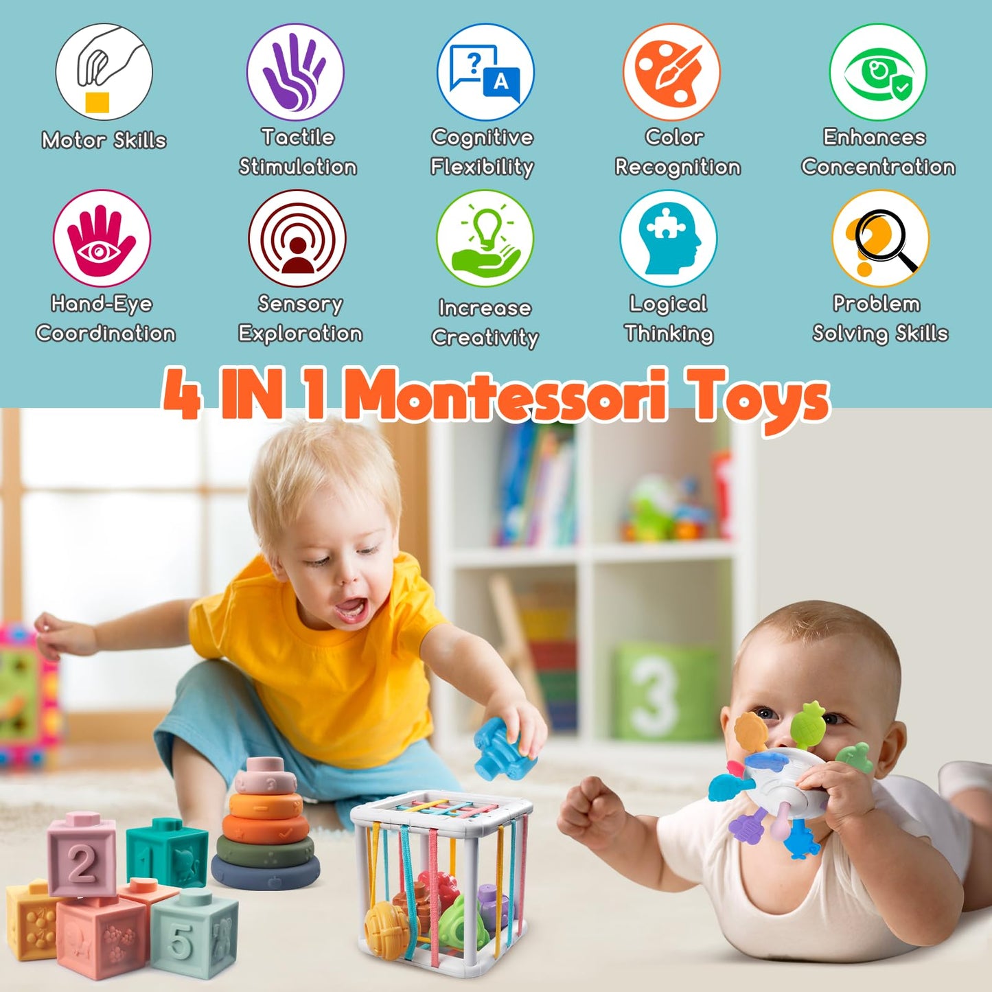 Wuzhineisn Montessori 4-in-1 Baby Toys Set for 6–18 Months – Teether, Blocks, Rings & Bath Cube
