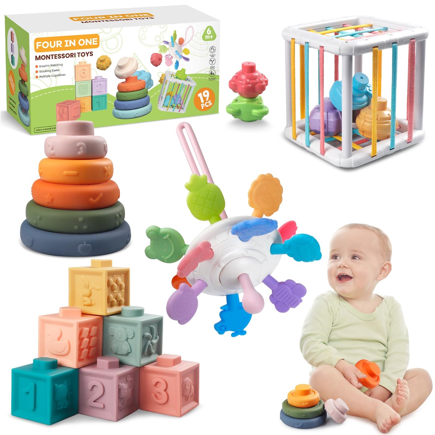 Wuzhineisn Montessori 4-in-1 Baby Toys Set for 6–18 Months – Teether, Blocks, Rings & Bath Cube