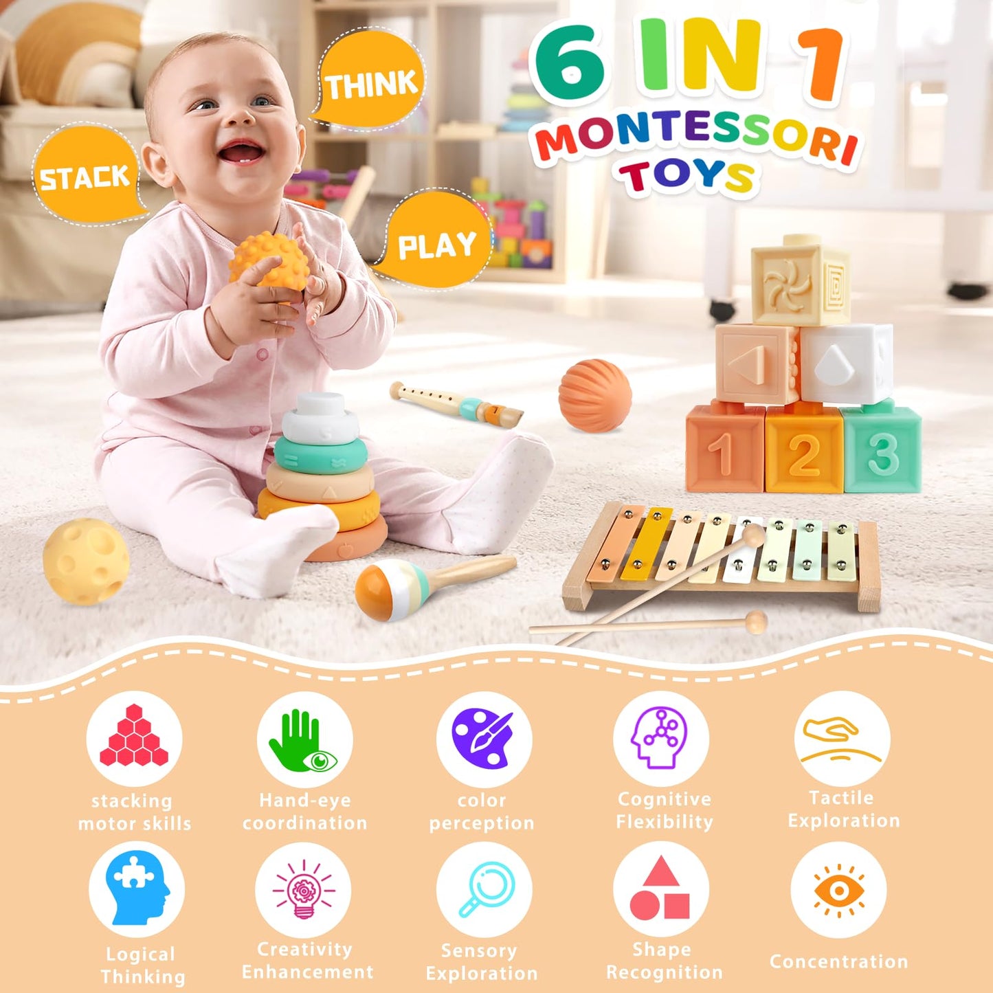 Wuzhineisn 6-in-1 Montessori Musical Baby Toys for 6-12 Months