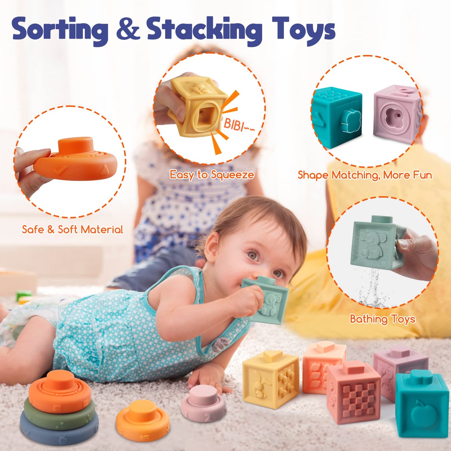 Wuzhineisn Montessori 4-in-1 Baby Toys Set for 6–18 Months – Teether, Blocks, Rings & Bath Cube