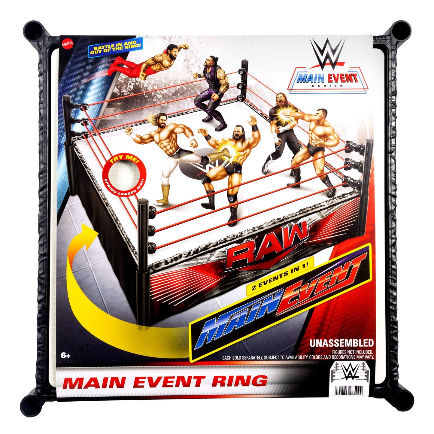 WWE Mattel Superstar Ring with Main Event & RAW Labels – Spring-Loaded Mat & Pro Tension Rope