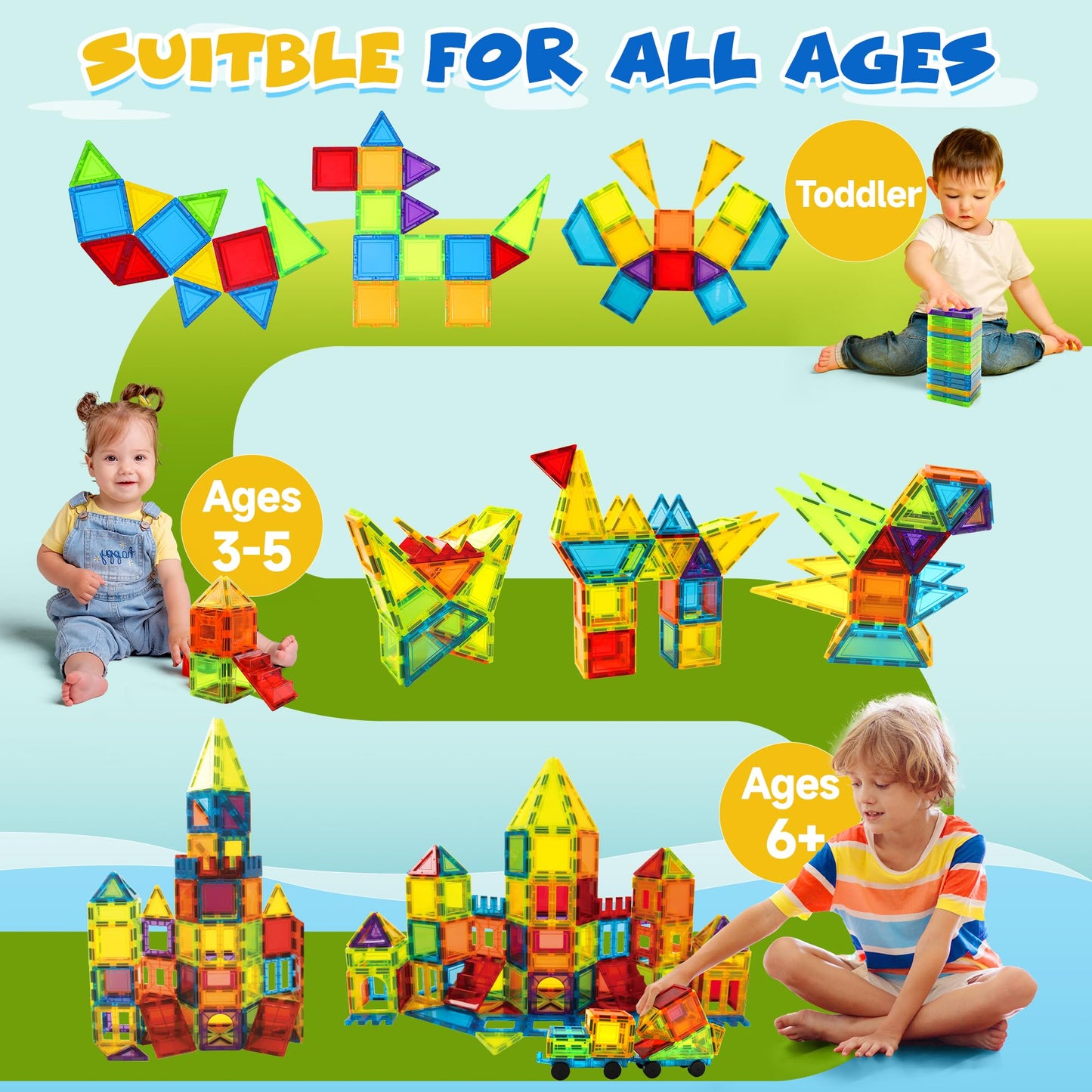 WWISE BLOCK Magnetic Tiles — 131-Piece Set with 2 Cars | Educational STEM Building Toys for Kids 3-9+