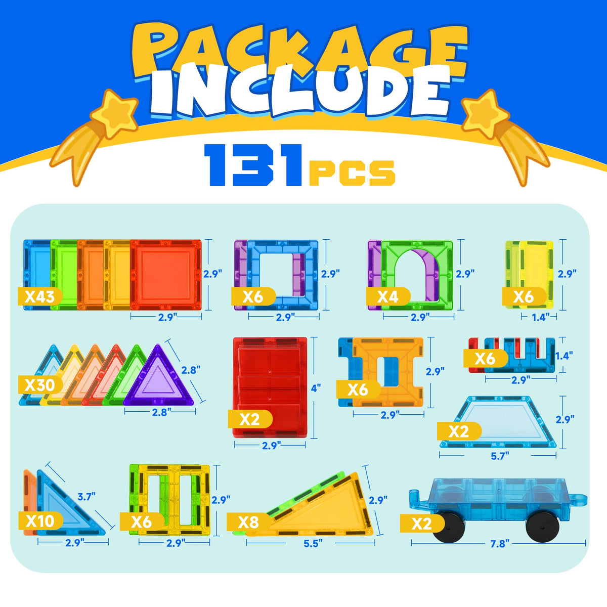 WWISE BLOCK Magnetic Tiles — 131-Piece Set with 2 Cars | Educational STEM Building Toys for Kids 3-9+