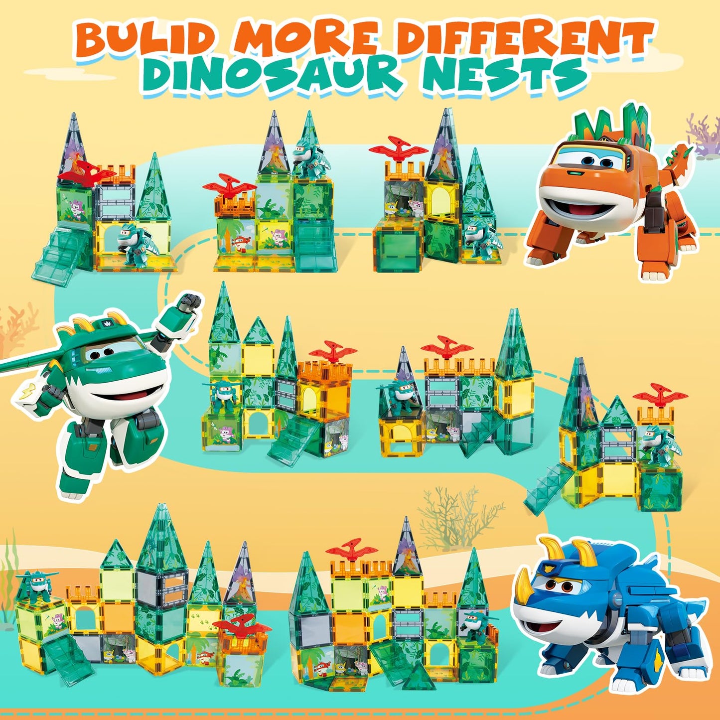 W WISE BLOCK | Super Wings Magnetic Tiles – Travel Magnetic Building Blocks with Tino Transformable Toys