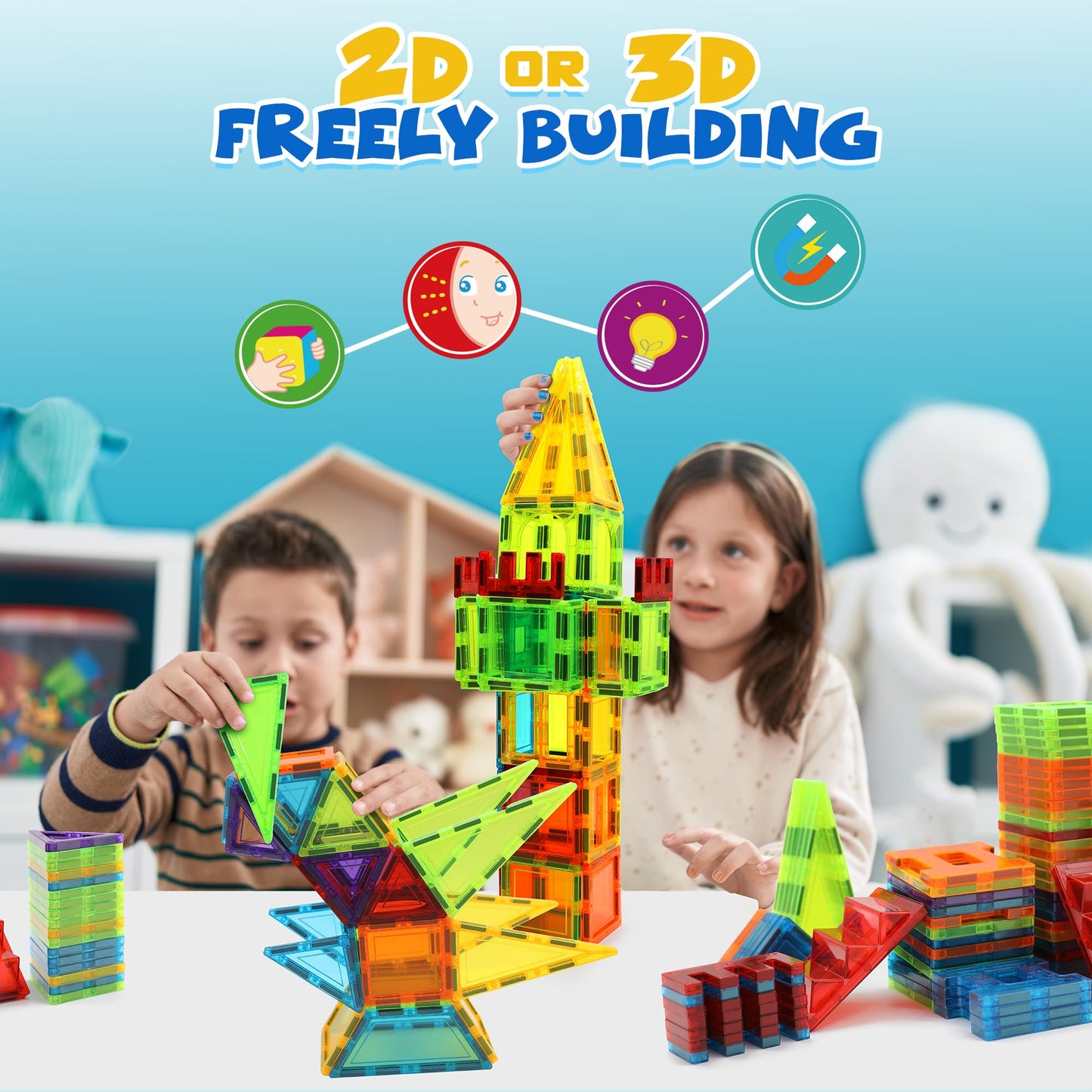 WWISE BLOCK Magnetic Tiles — 131-Piece Set with 2 Cars | Educational STEM Building Toys for Kids 3-9+