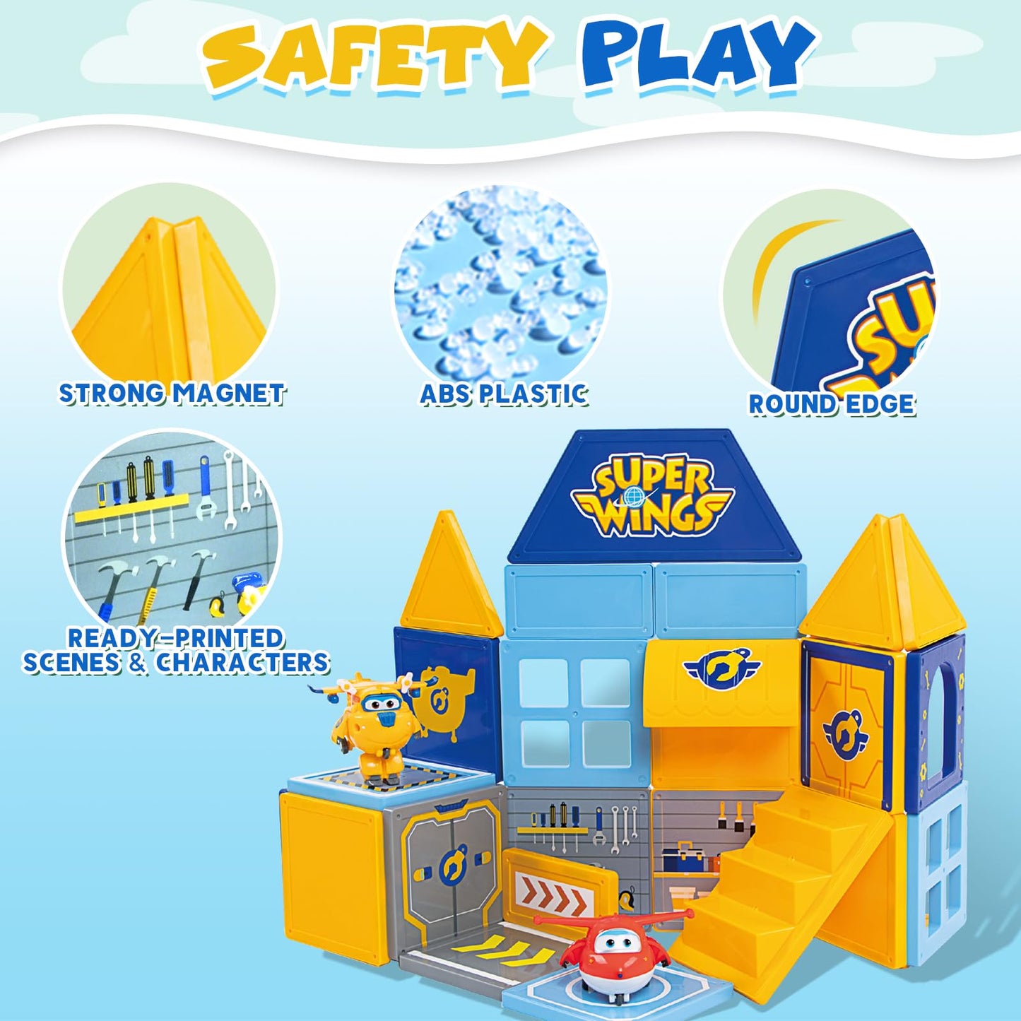 W WISE BLOCK Super Wings Magnetic Tiles – Travel Magnetic Blocks with 2 Transformable Toys