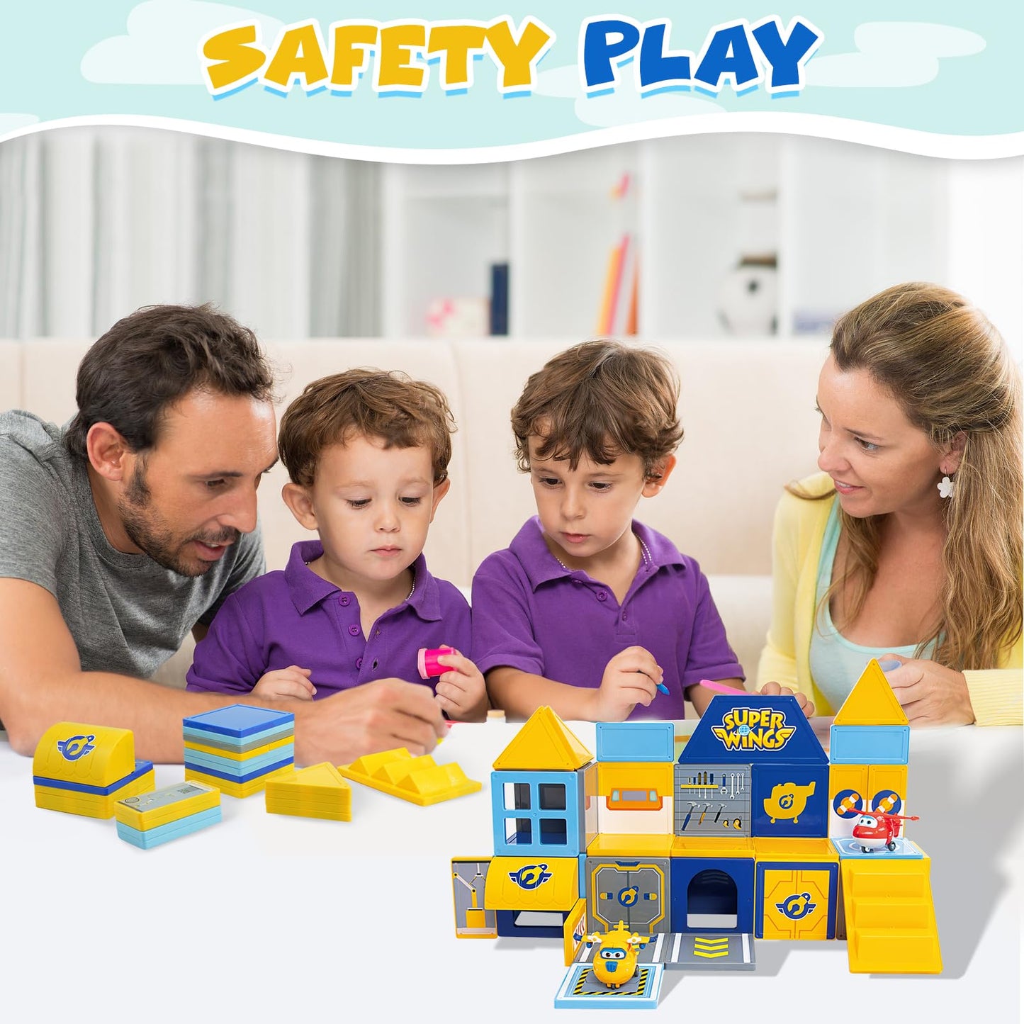 W WISE BLOCK Super Wings Magnetic Tiles – Travel Magnetic Blocks with 2 Transformable Toys