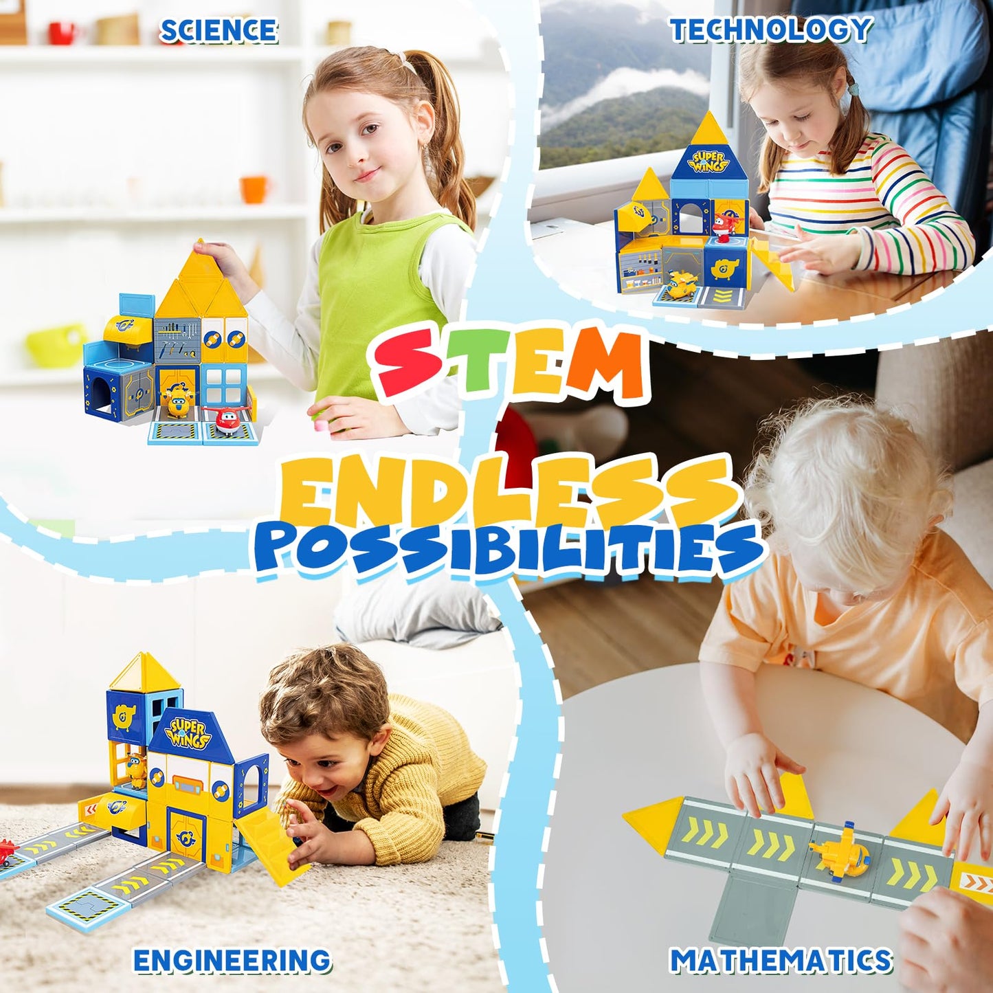 W WISE BLOCK Super Wings Magnetic Tiles – Travel Magnetic Blocks with 2 Transformable Toys