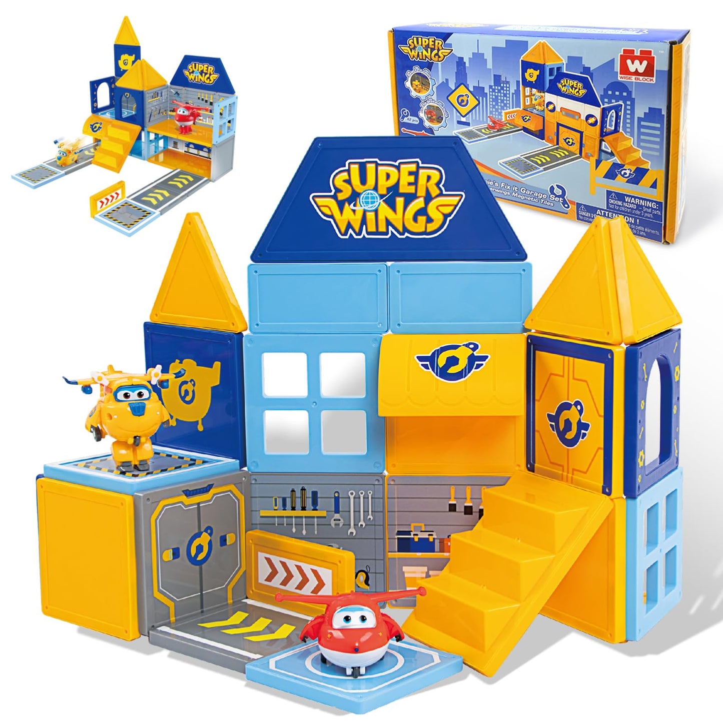W WISE BLOCK Super Wings Magnetic Tiles – Travel Magnetic Blocks with 2 Transformable Toys