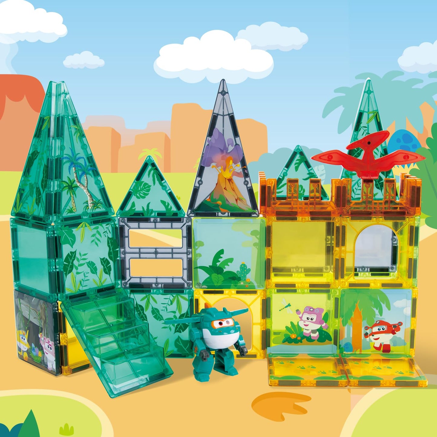 W WISE BLOCK | Super Wings Magnetic Tiles – Travel Magnetic Building Blocks with Tino Transformable Toys
