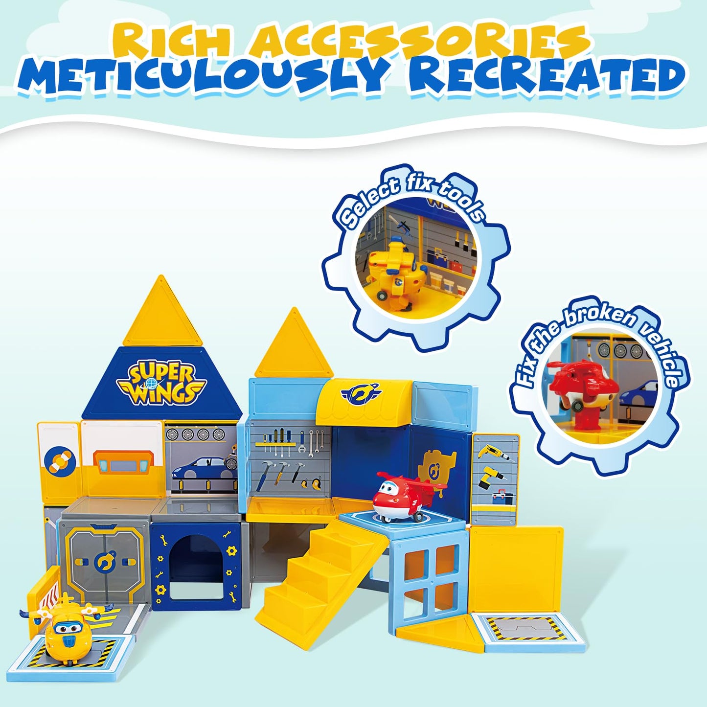 W WISE BLOCK Super Wings Magnetic Tiles – Travel Magnetic Blocks with 2 Transformable Toys