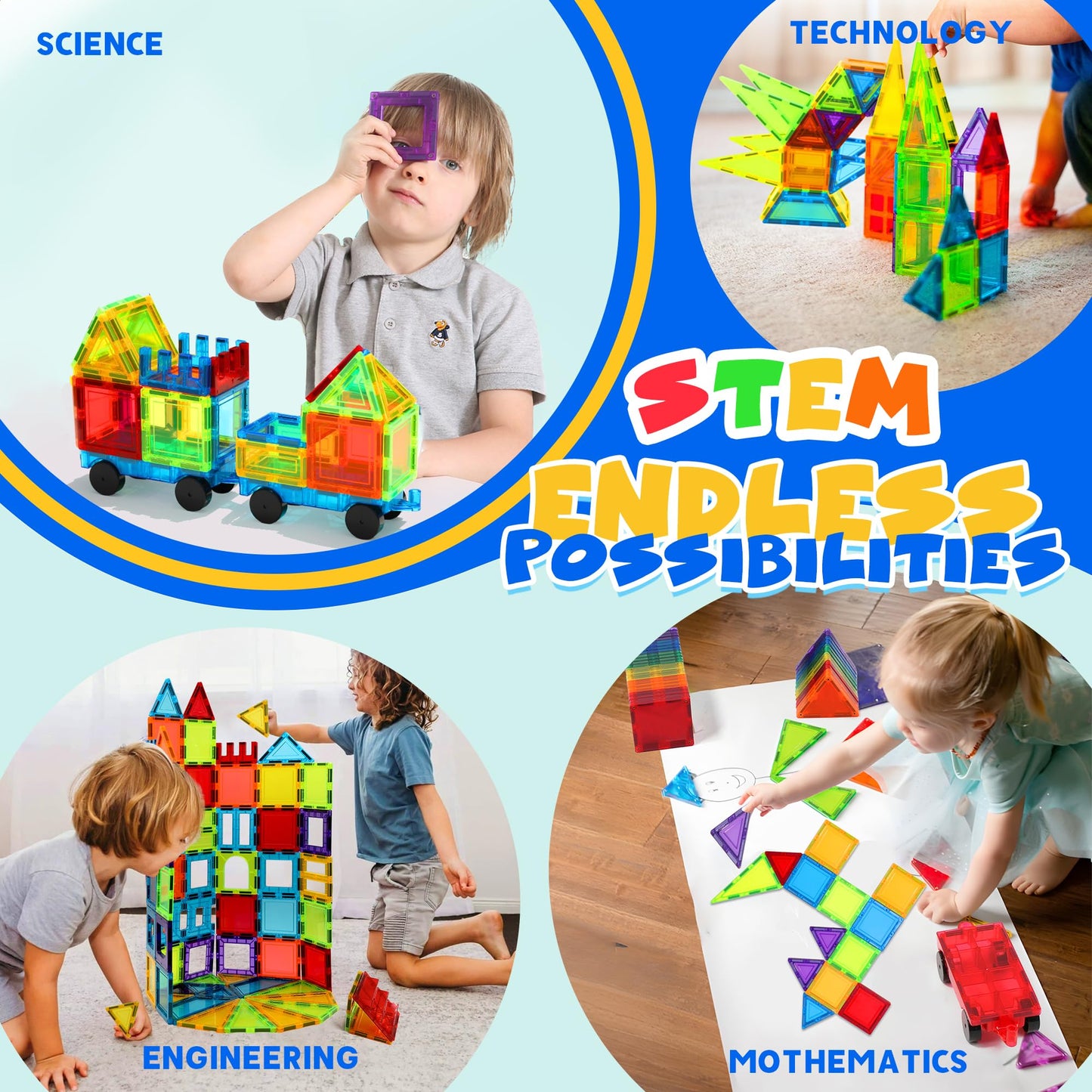 WWISE BLOCK Magnetic Tiles — 131-Piece Set with 2 Cars | Educational STEM Building Toys for Kids 3-9+