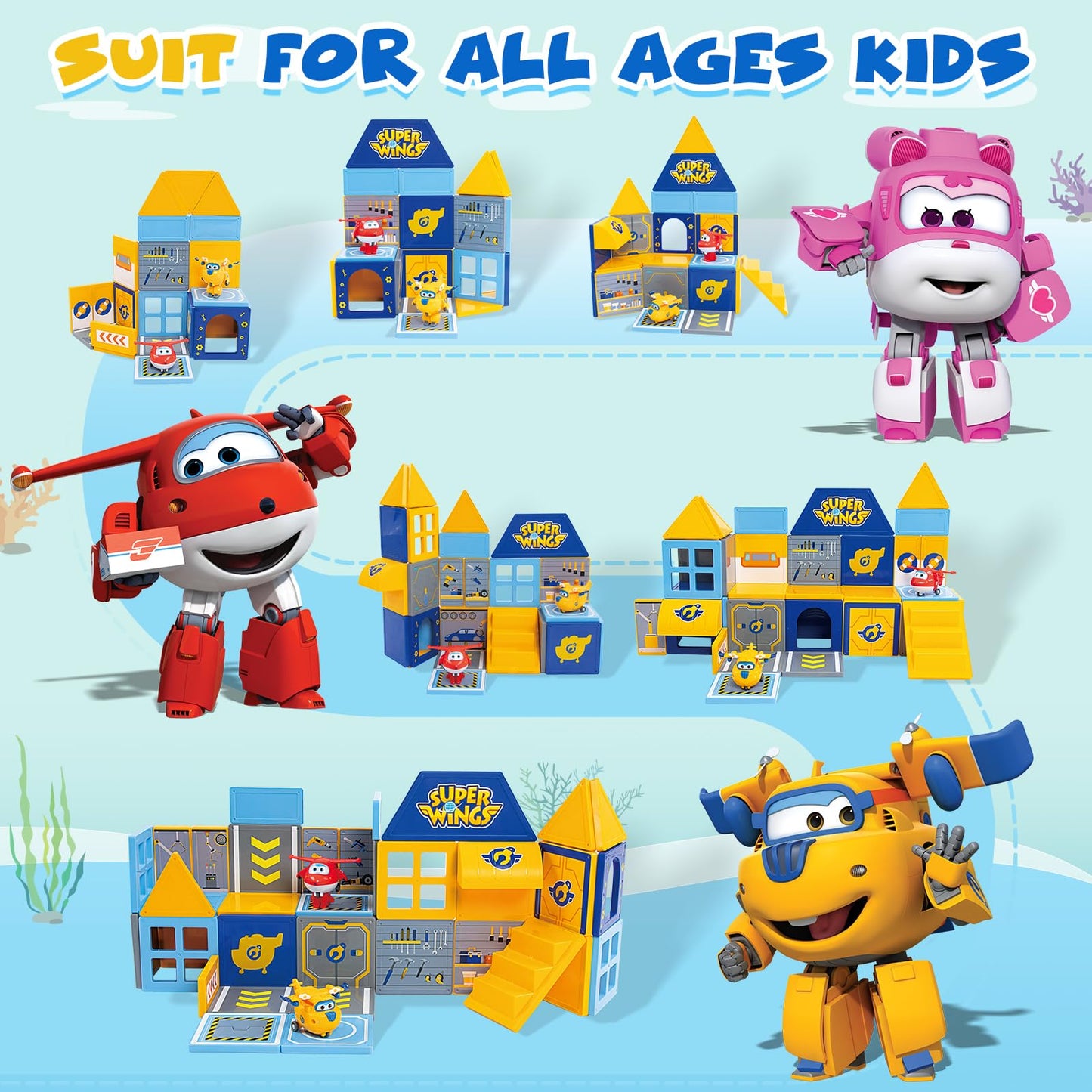 W WISE BLOCK Super Wings Magnetic Tiles – Travel Magnetic Blocks with 2 Transformable Toys