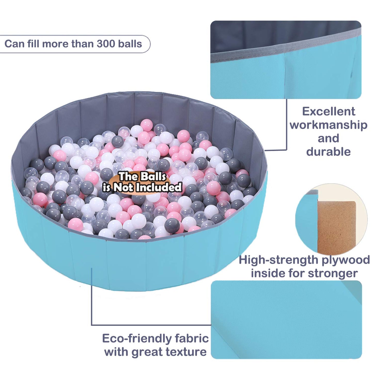 WWS 4 Feet Ball Pit for Kids – Folding Play Yard, No Inflate, 48-inch Diameter, 12.5 Sq Ft Space, Light Blue
