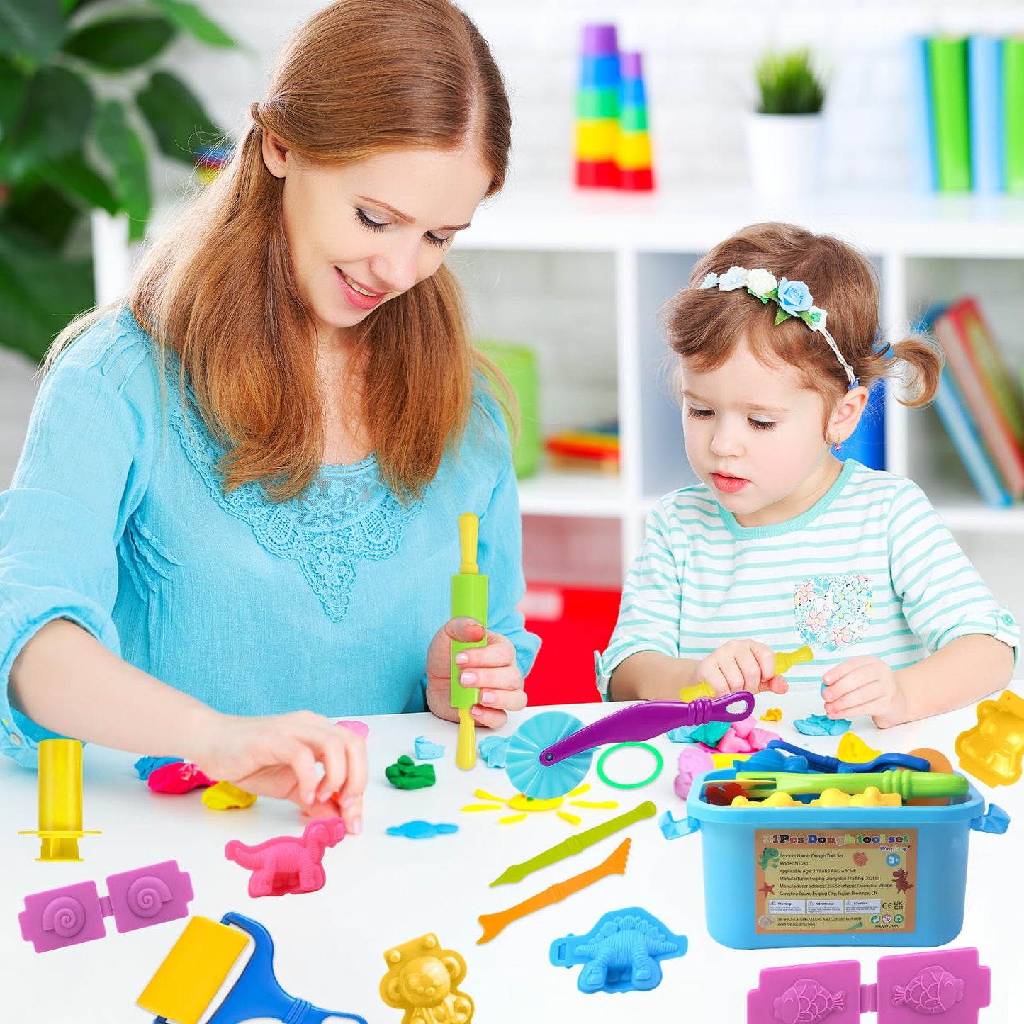 Wxqfumy Dough Tool Set - 31 Pcs Basic Dough Tools Kit for Kids with Mat, Storage Box & 3D Animal Molds