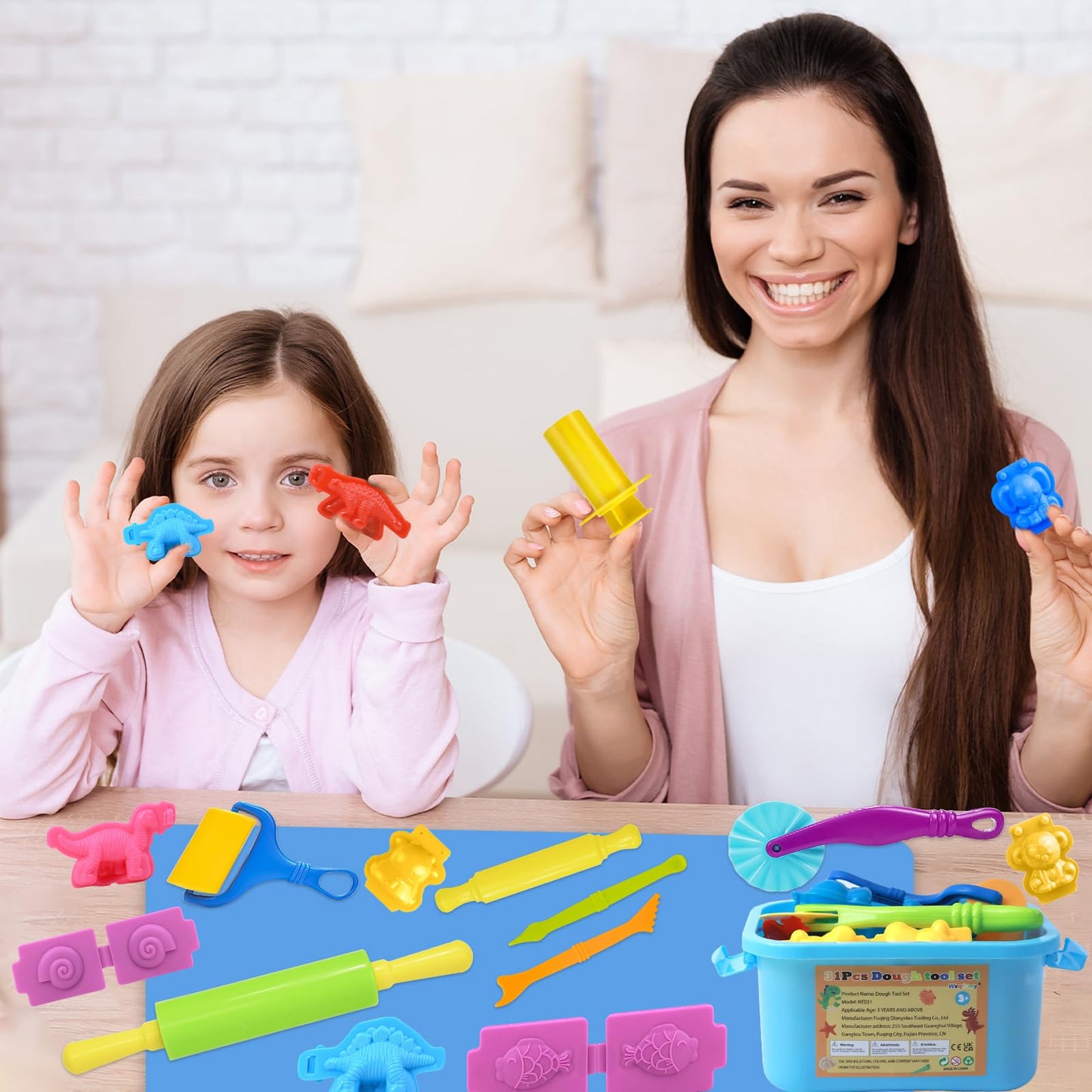 Wxqfumy Dough Tool Set - 31 Pcs Basic Dough Tools Kit for Kids with Mat, Storage Box & 3D Animal Molds