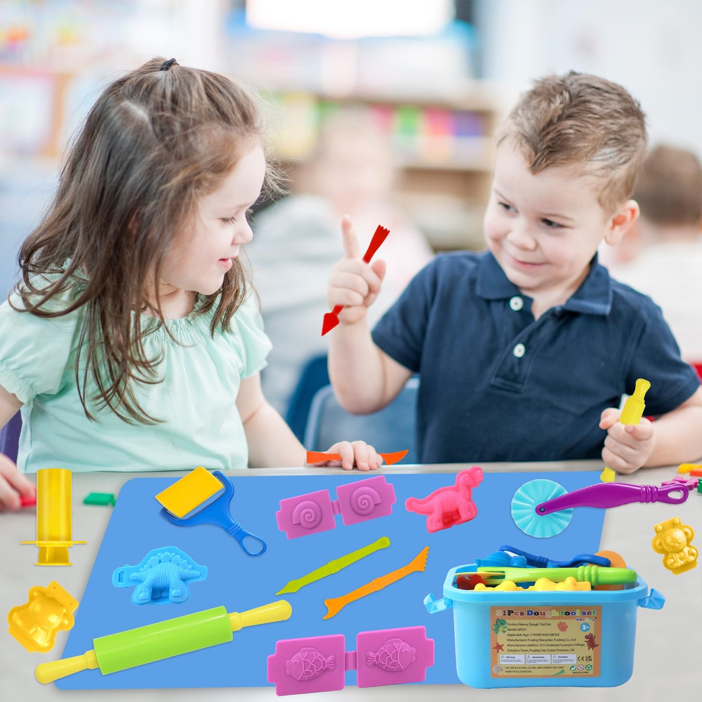 Wxqfumy Dough Tool Set - 31 Pcs Basic Dough Tools Kit for Kids with Mat, Storage Box & 3D Animal Molds