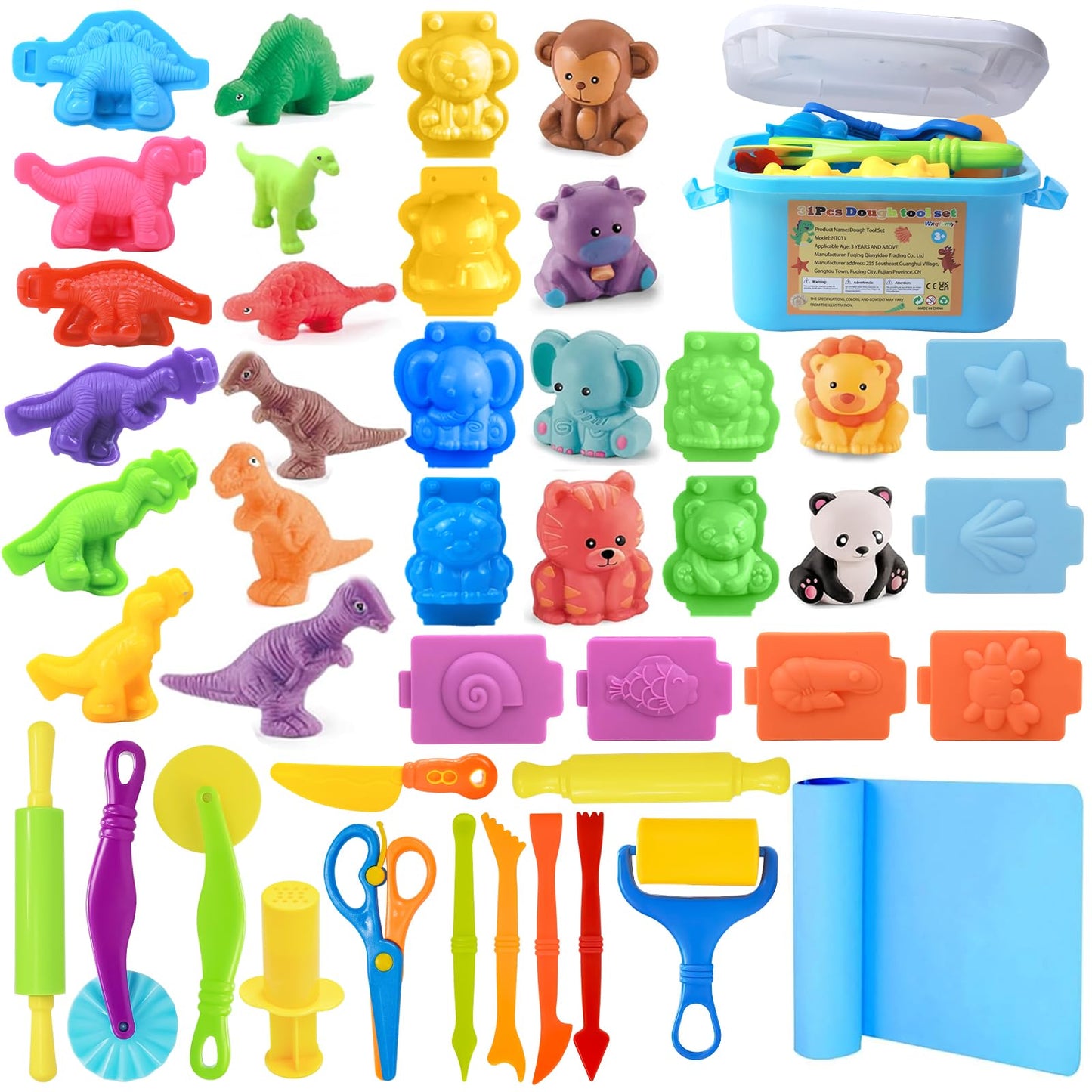 Wxqfumy Dough Tool Set - 31 Pcs Basic Dough Tools Kit for Kids with Mat, Storage Box & 3D Animal Molds