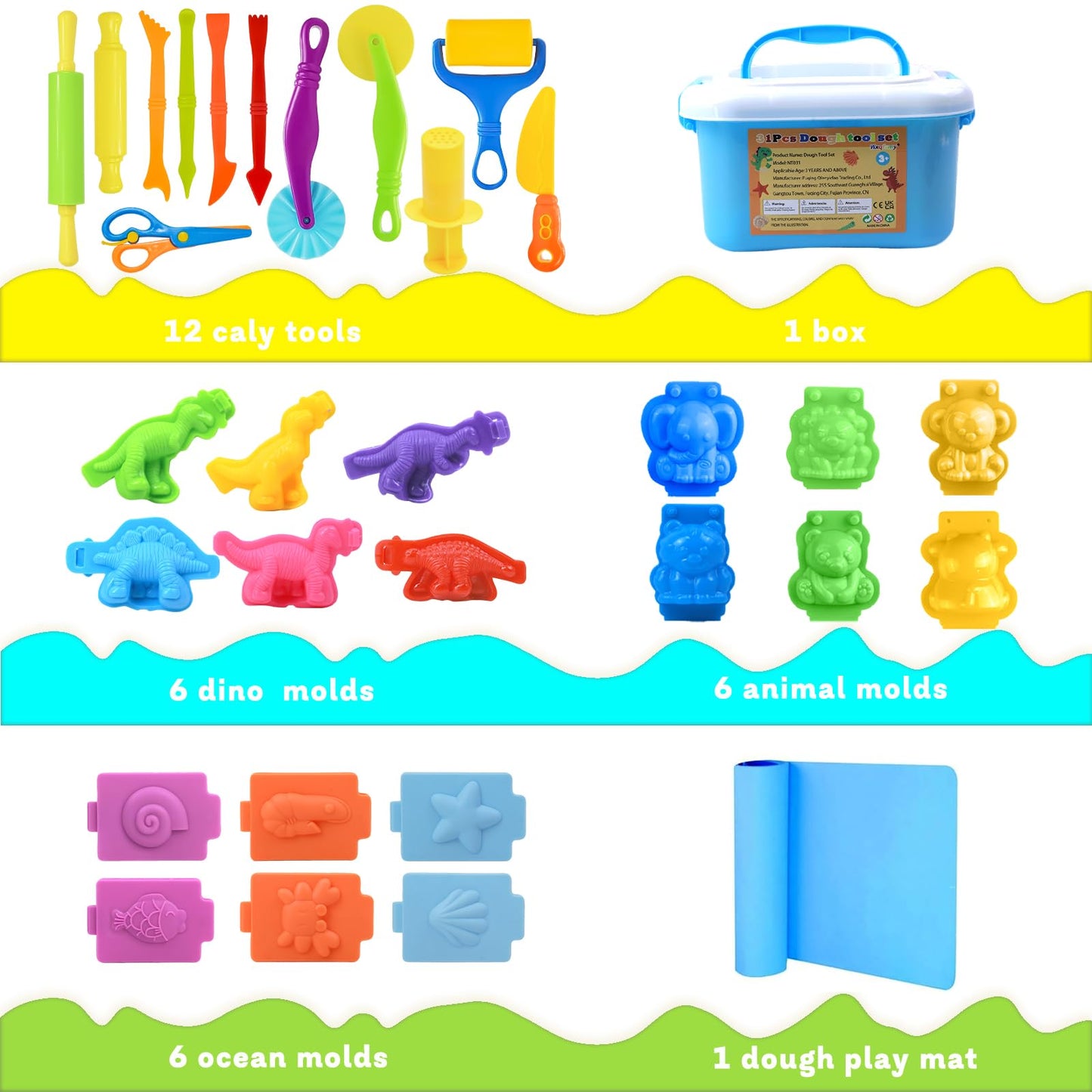 Wxqfumy Dough Tool Set - 31 Pcs Basic Dough Tools Kit for Kids with Mat, Storage Box & 3D Animal Molds