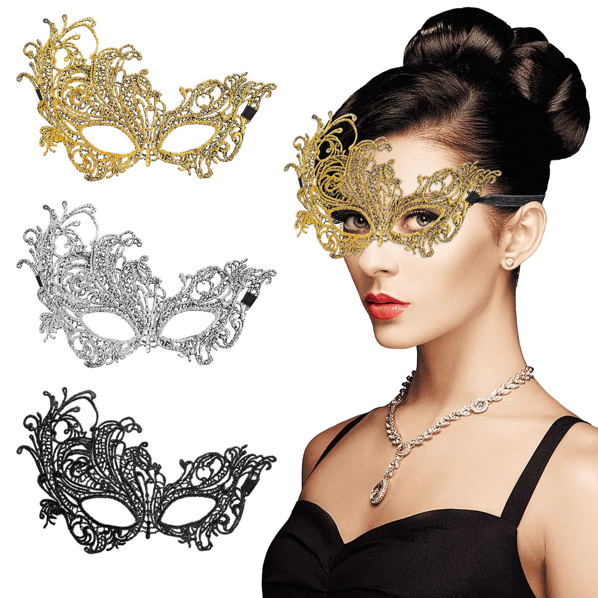 3-Piece Lace Masquerade Masks for Women – Adjustable Venetian Masks by WY LIGHTING LEVEL