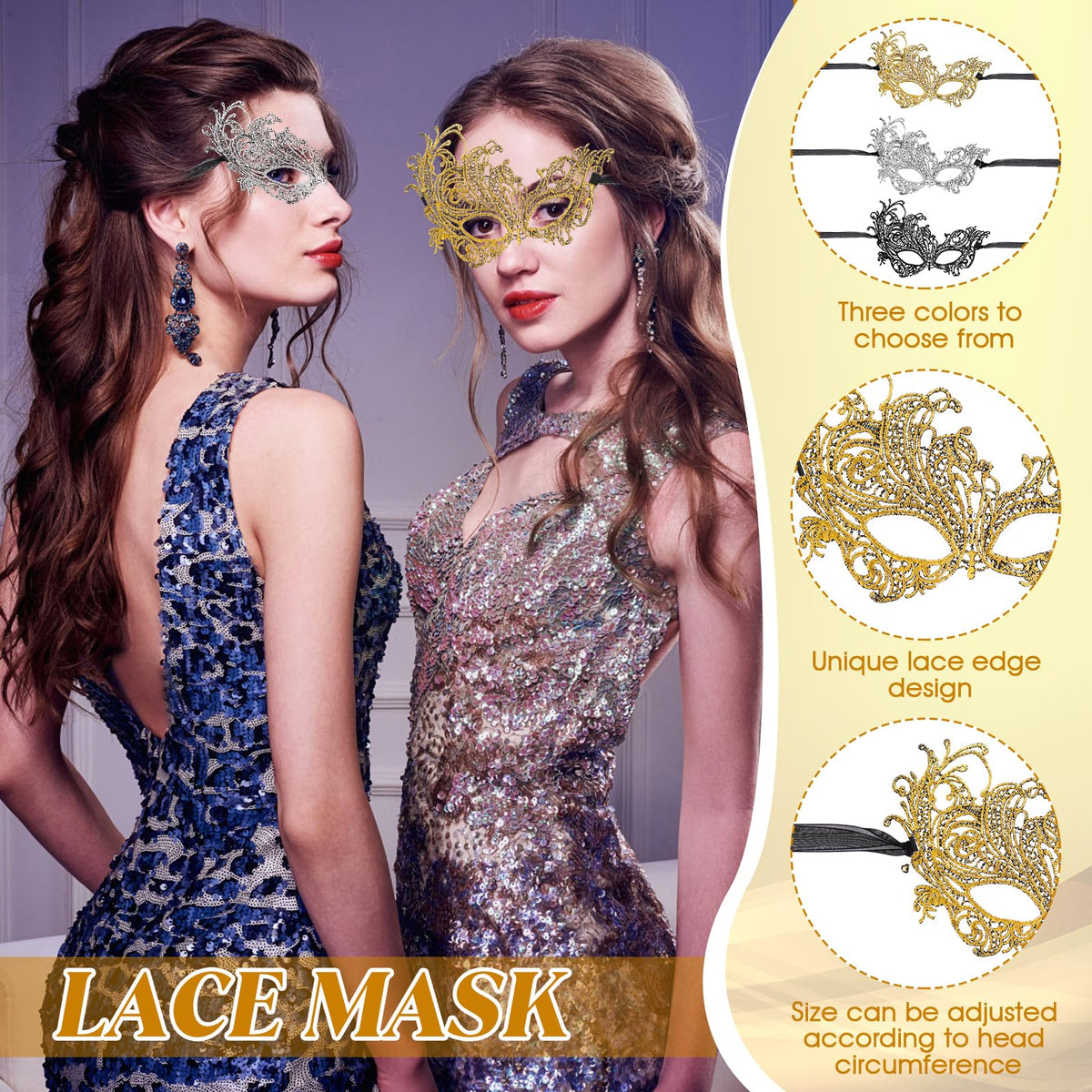 3-Piece Lace Masquerade Masks for Women – Adjustable Venetian Masks by WY LIGHTING LEVEL