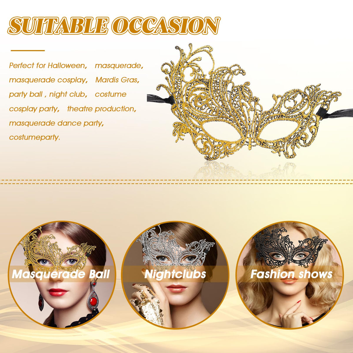 3-Piece Lace Masquerade Masks for Women – Adjustable Venetian Masks by WY LIGHTING LEVEL