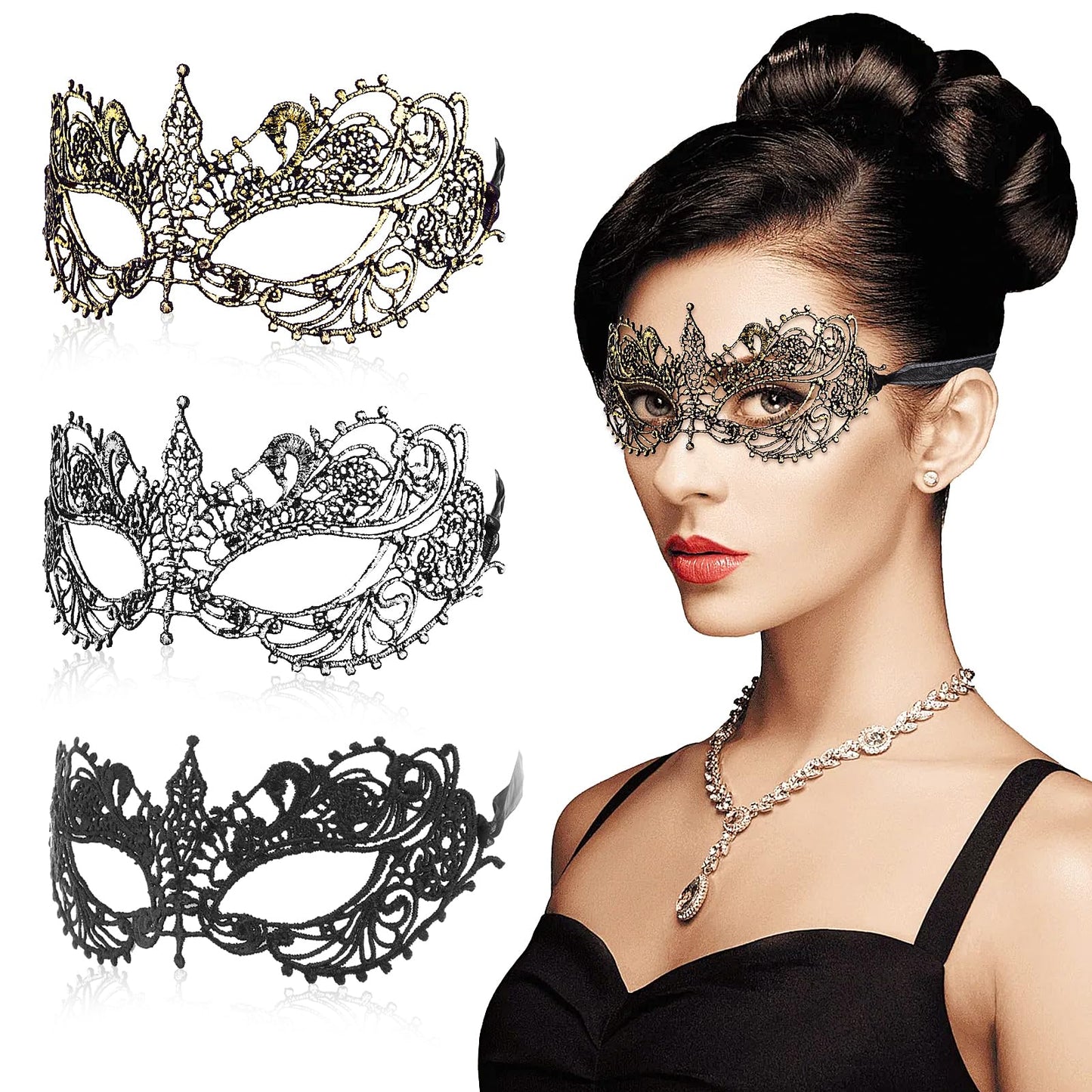 WY LIGHTING LEVEL 3 Pieces Masquerade Mask for Women – Lace Venetian Masks for Parties, Mardi Gras, and Halloween
