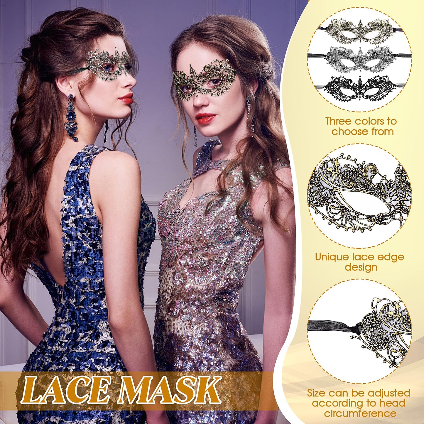 WY LIGHTING LEVEL 3 Pieces Masquerade Mask for Women – Lace Venetian Masks for Parties, Mardi Gras, and Halloween
