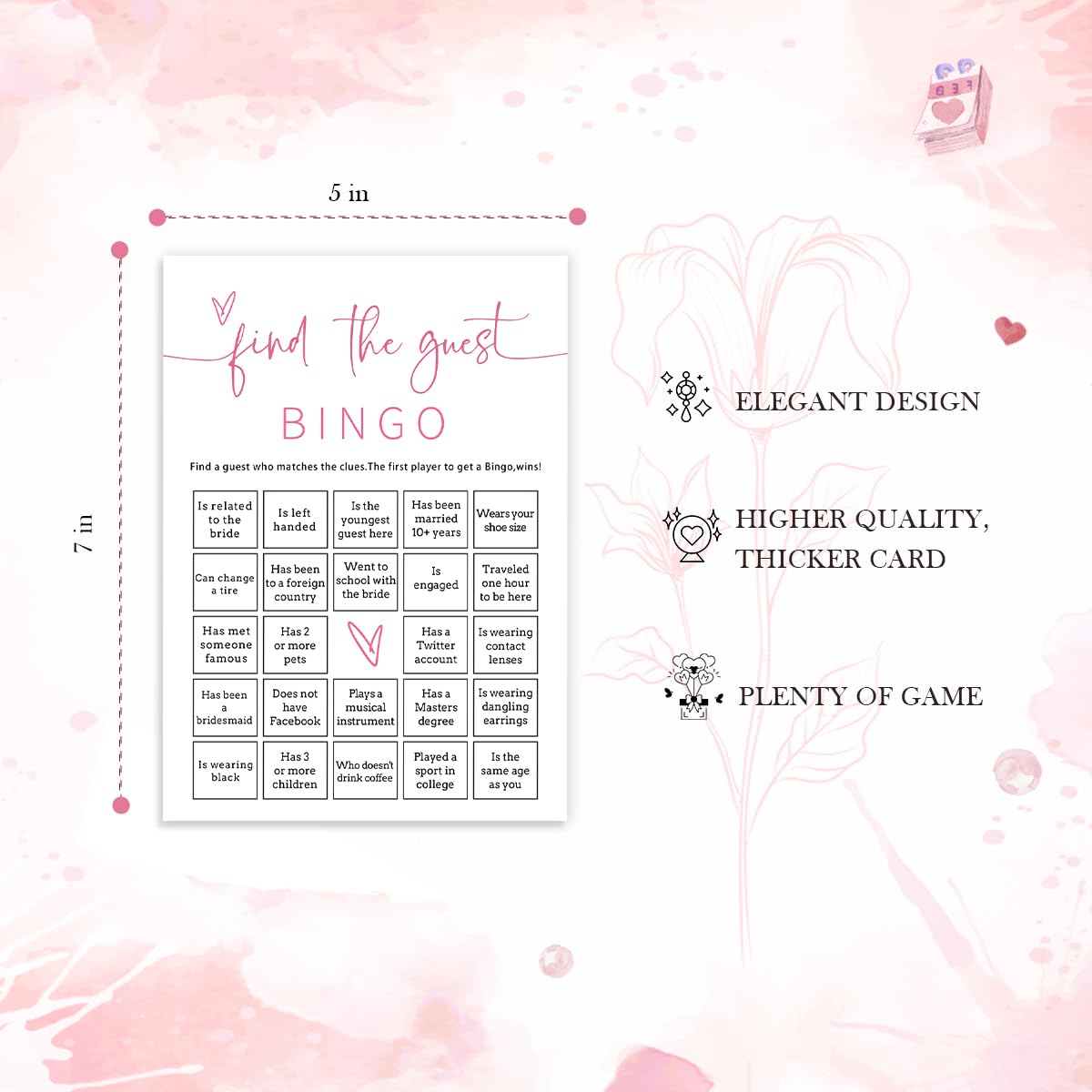 Wybgno Bridal Shower Bingo — 25 Pcs Prefilled Cards, Pink Engagement Party Games | E17