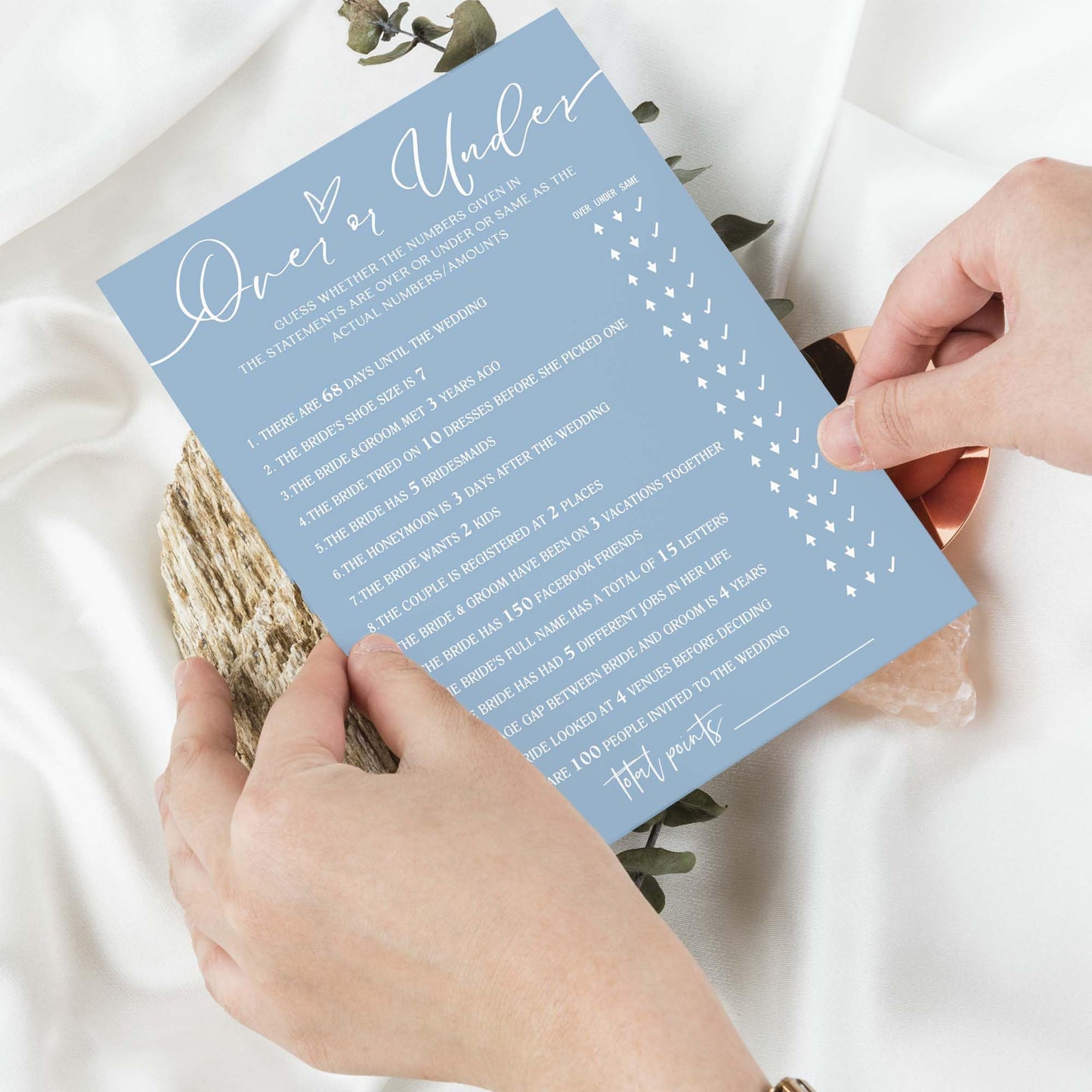 Wybgno Bridal Shower Games Cards – Guess Over or Under (25 Cards) | Minimalist Blue Wedding Supplies