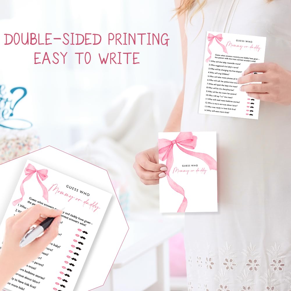 Wybgno Guess Who Mommy or Daddy Baby Shower Game – 25 Double-Sided Pink Bow Cards