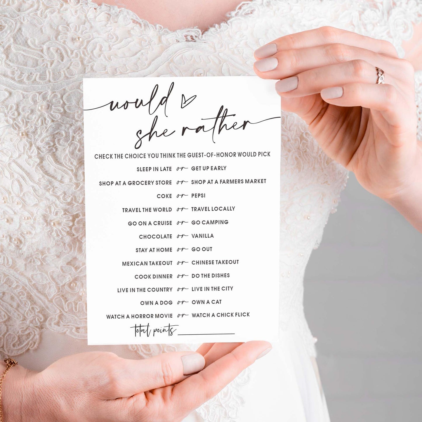 Wybgno Wedding Shower Games Cards – Would She Rather Bridal Shower for 25 Guests | Minimalist White