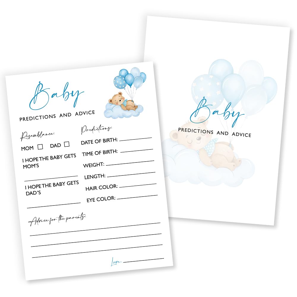 Wybgno Baby Predictions & Advice Shower Game – 25 Blue Bear & Balloon Theme Cards