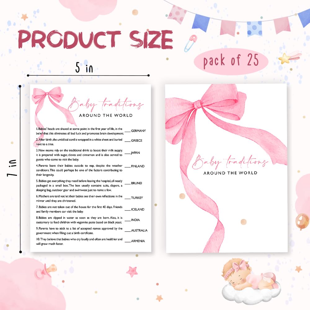 Wybgno Baby Traditions World Shower Game – 25 Pink Bow Cards with Answer Key