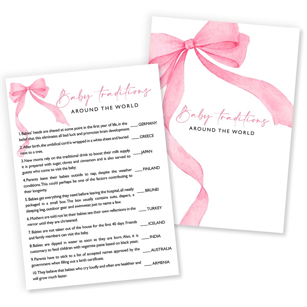 Wybgno Baby Traditions World Shower Game – 25 Pink Bow Cards with Answer Key