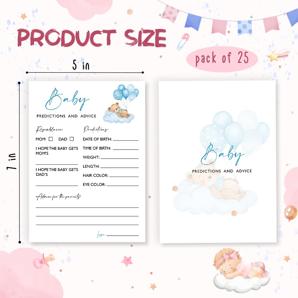 Wybgno Baby Predictions & Advice Shower Game – 25 Blue Bear & Balloon Theme Cards