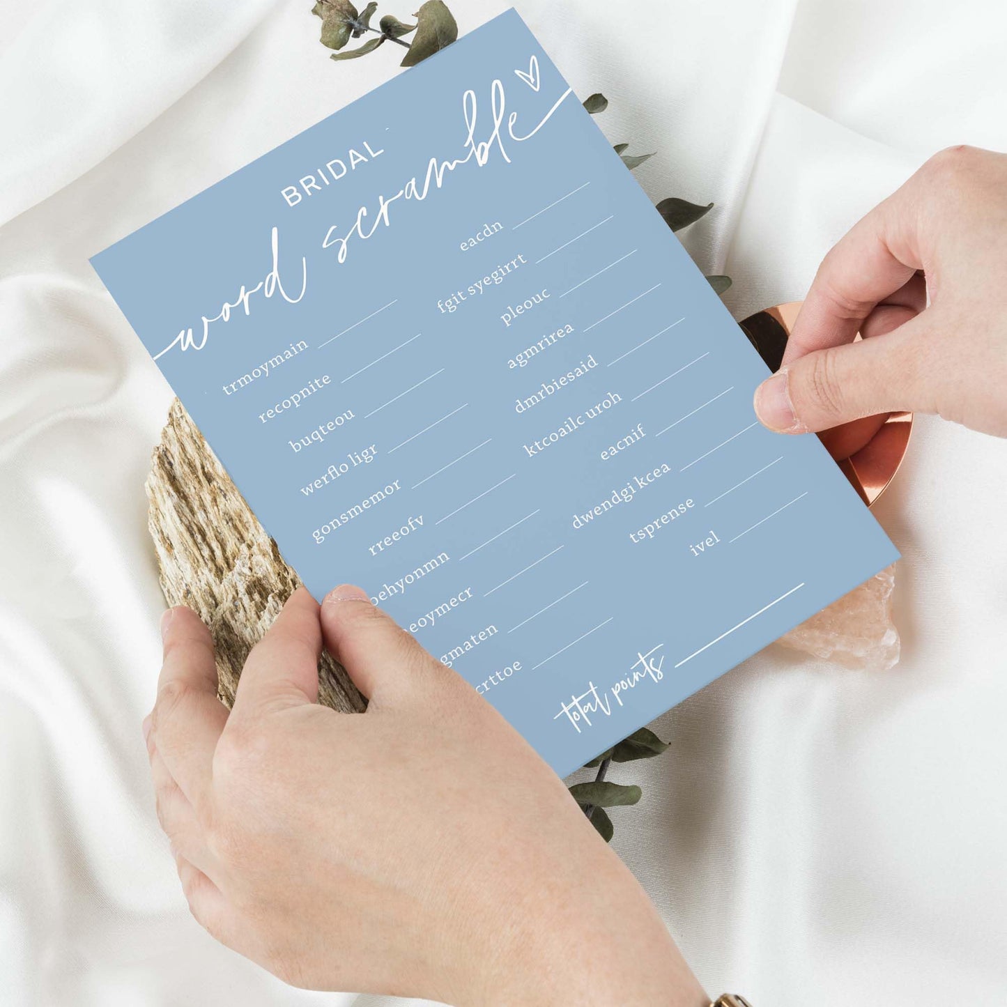 Wybgno Bridal Shower Games – 25 Word Scramble Cards + 1 Answer Card, Minimalist Blue