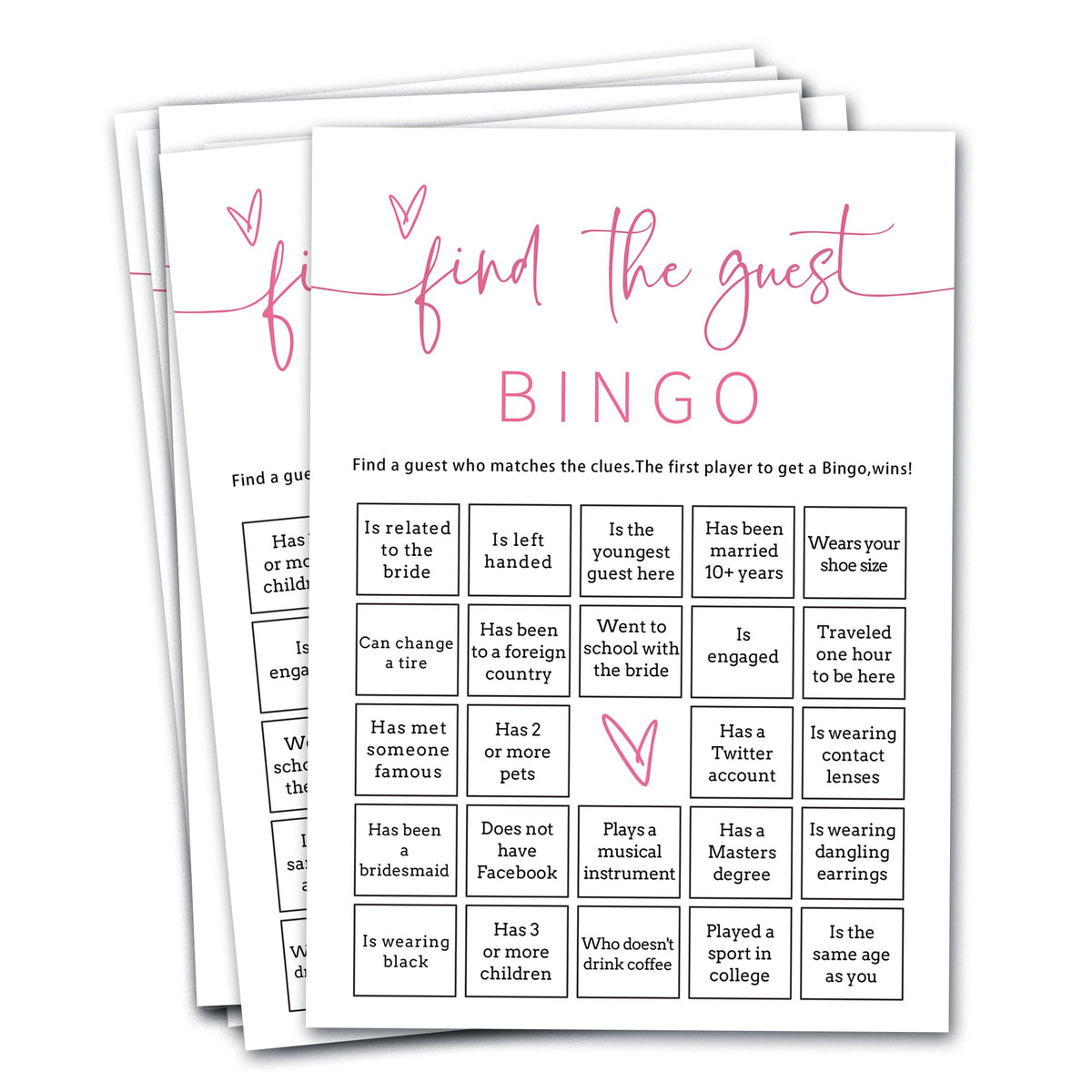 Wybgno Bridal Shower Bingo — 25 Pcs Prefilled Cards, Pink Engagement Party Games | E17