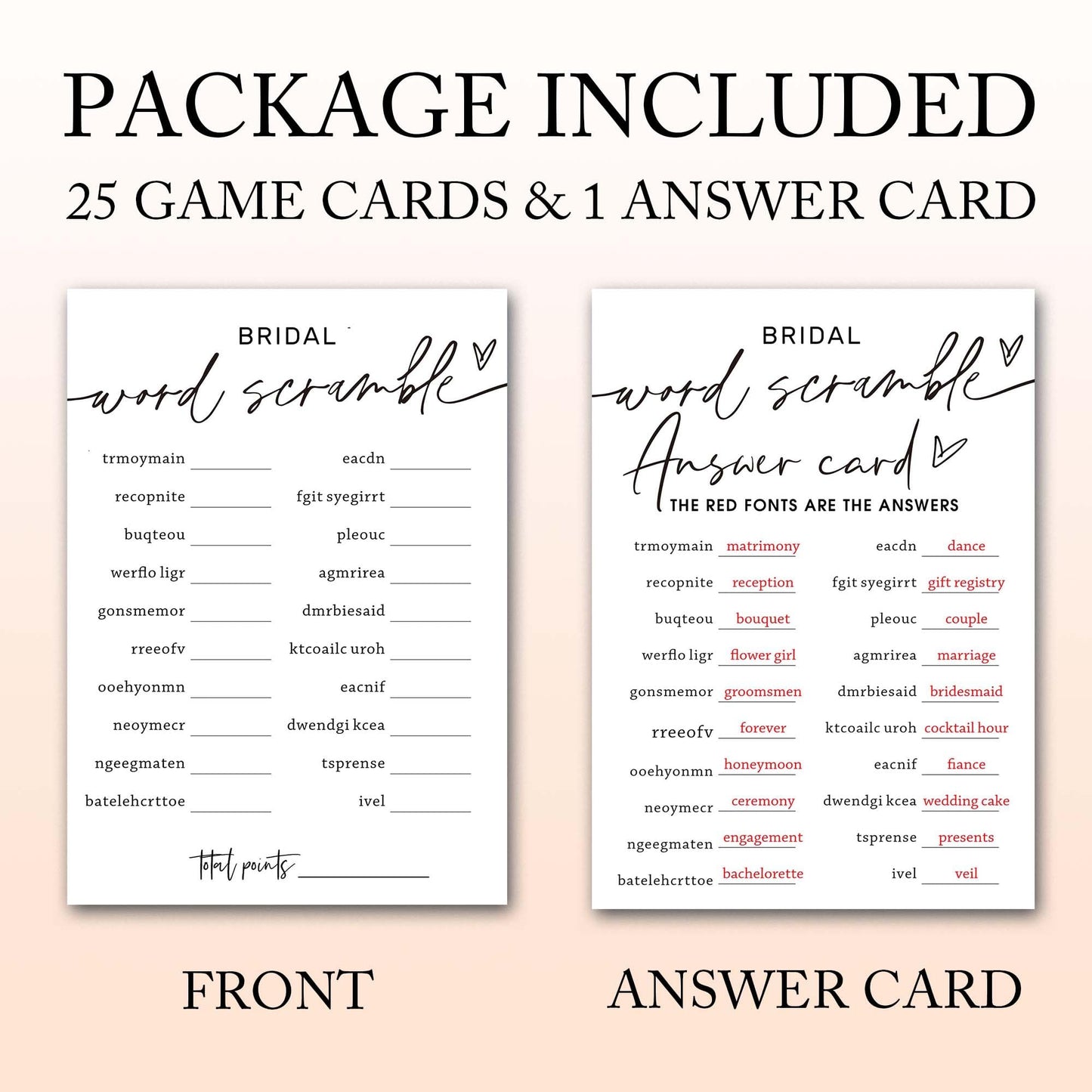 Wybgno Bridal Shower Games Cards – 25 Word Scramble Pack + 1 Answer Card | Minimalist White Wedding Supplies