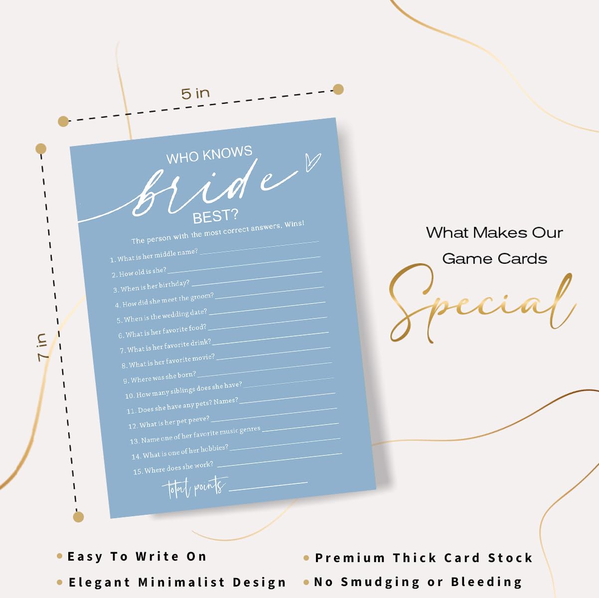 Wybgno Bridal Shower Games Cards – Who Knows The Bride Best (25 Cards) – Minimalist Blue