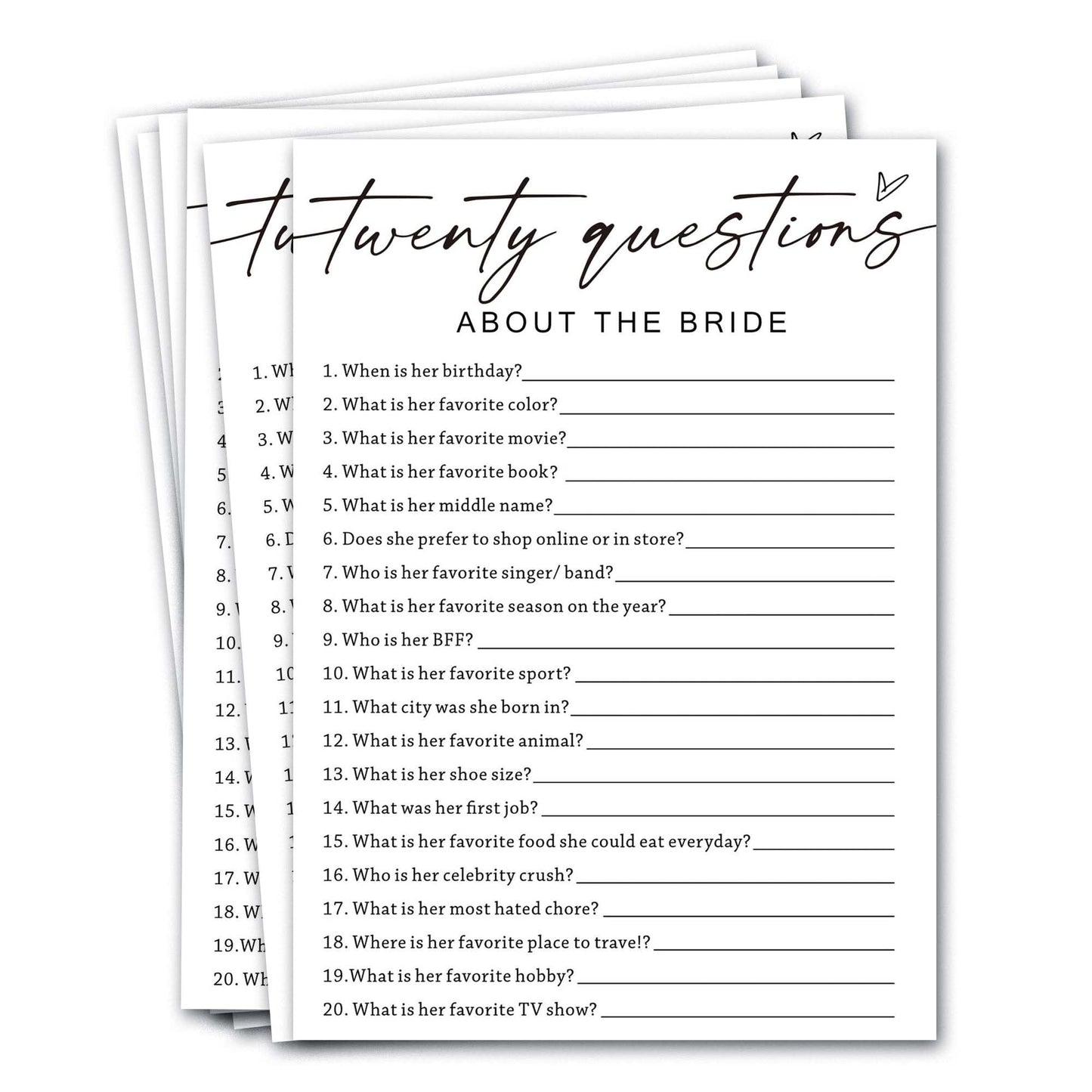 Wybgno Bridal Shower Games Cards: Twenty Questions About The Bride (25 Cards)