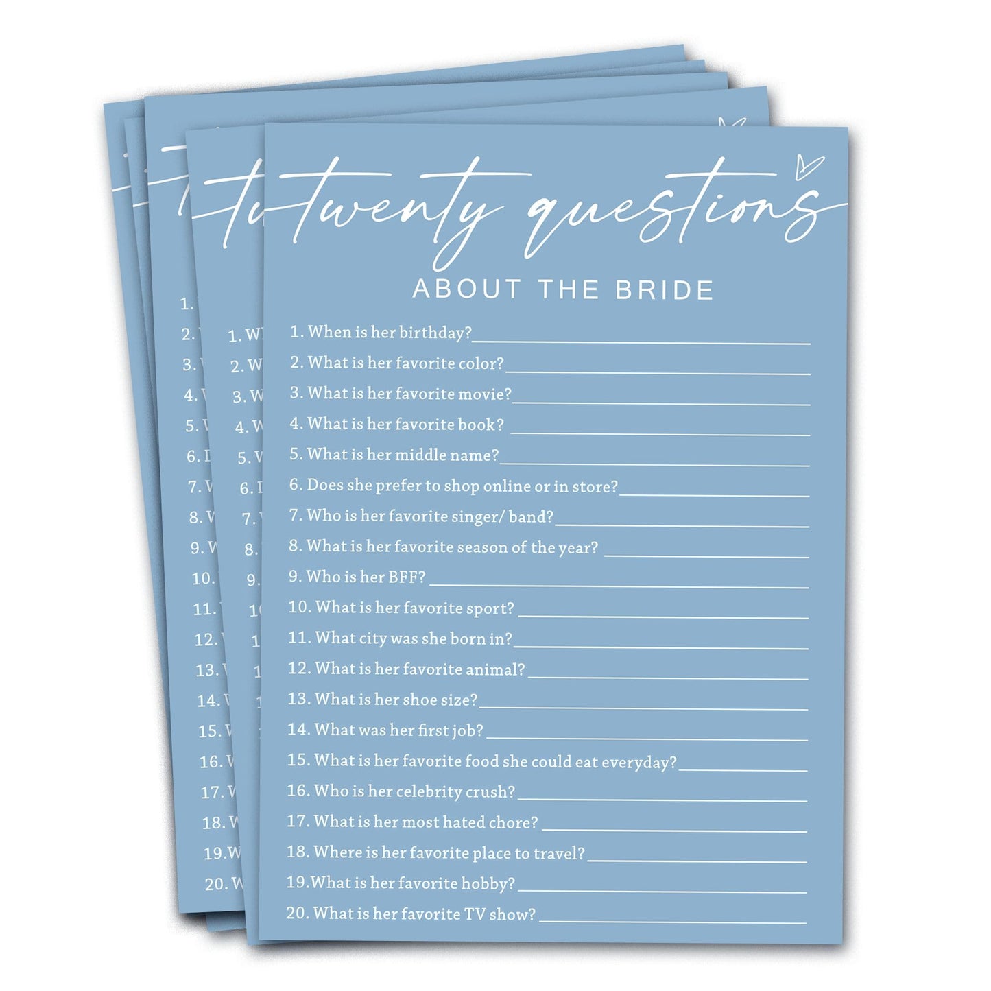 Wybgno Bridal Shower Games Cards – Twenty Questions About The Bride | 25 Cards