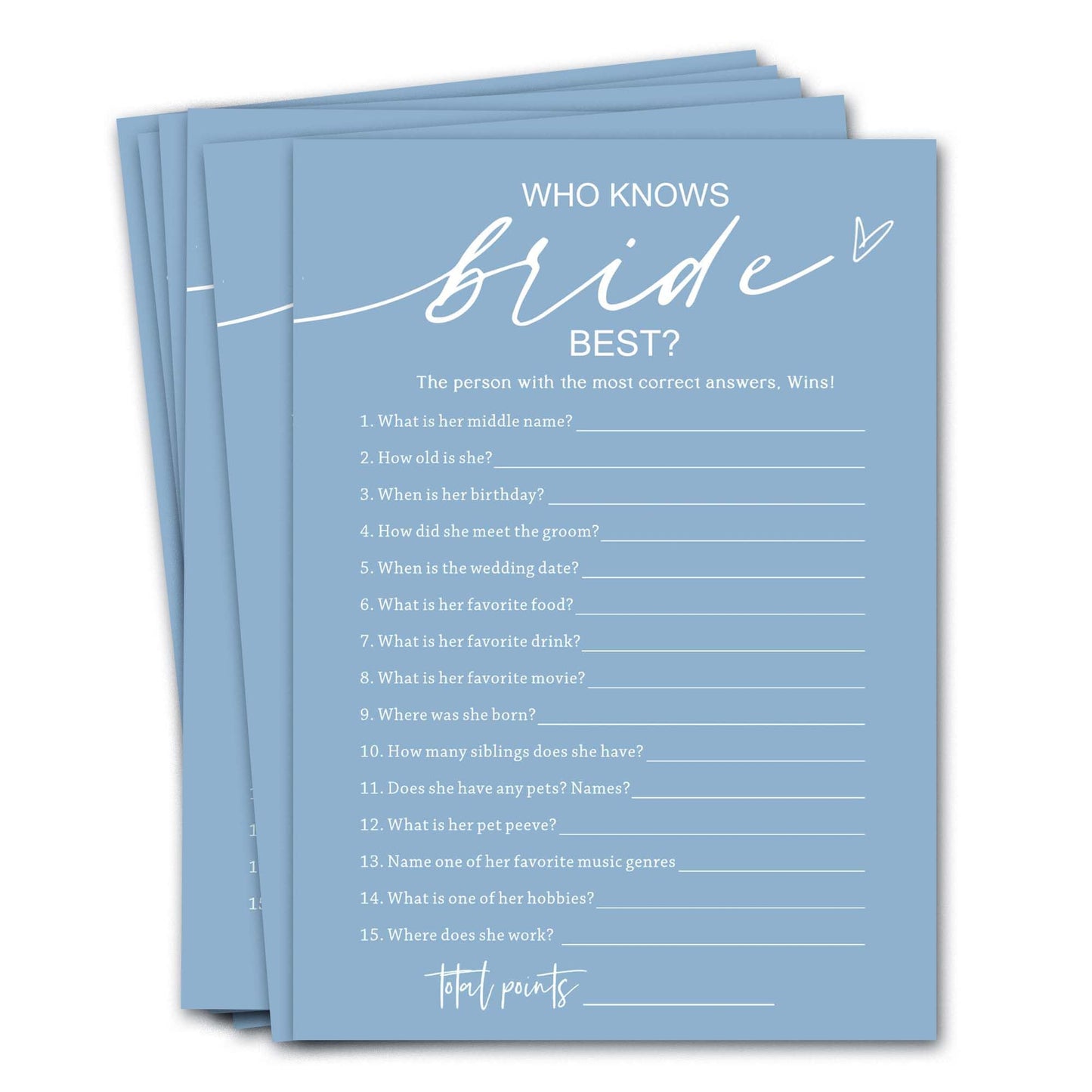 Wybgno Bridal Shower Games Cards – Who Knows The Bride Best (25 Cards) – Minimalist Blue