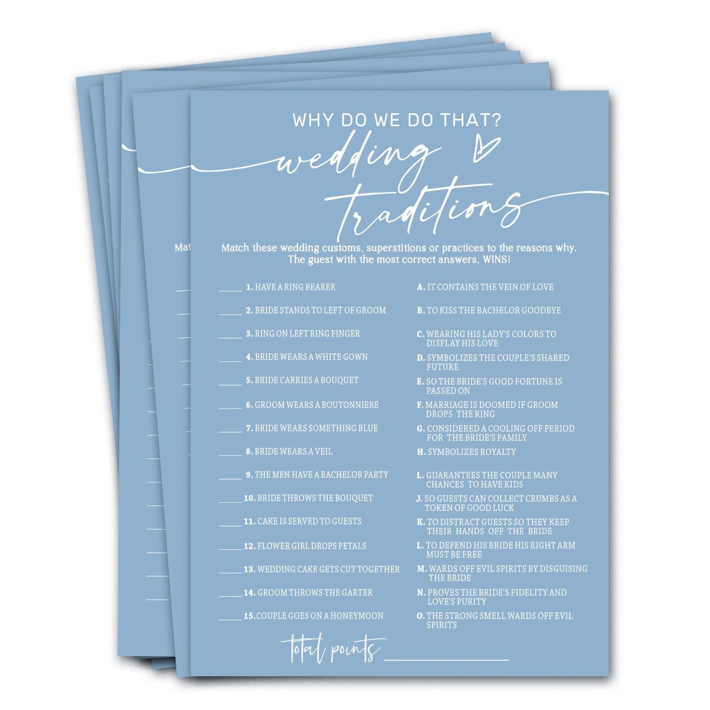 Wybgno Bridal Shower Games Cards – 25 Wedding Traditions & Why Do We Do That (Blue)